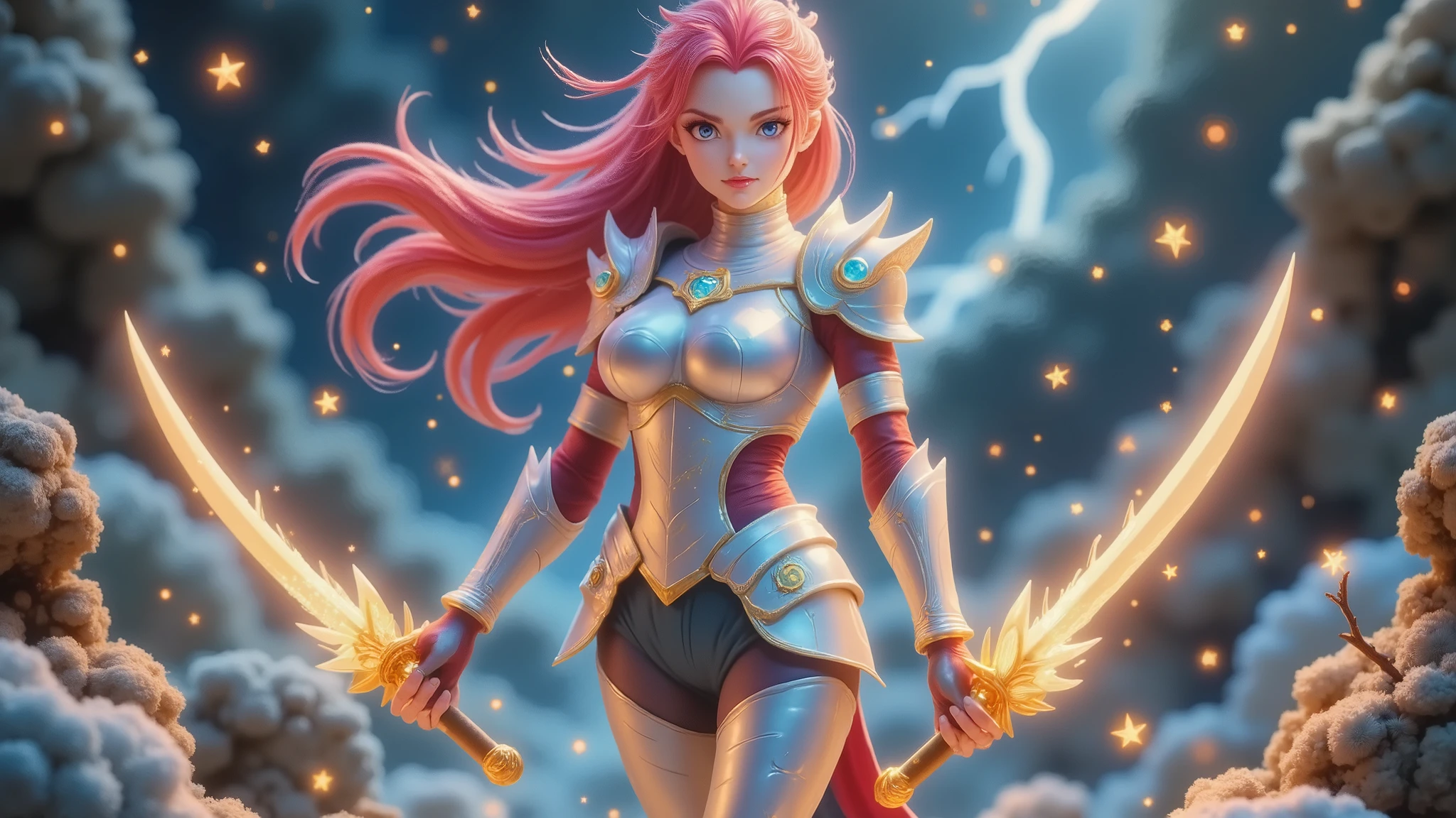 Erza Scarlet (Fairy Tail) Full-Body Illustration:
“Create a full-body portrait of Erza Scarlet from Fairy Tail, standing confidently from head to toe. Depict her with long, vibrant crimson hair in a high ponytail, sharp brown eyes, and a determined expression. She wears her iconic Heaven’s Wheel Armor: silver-plated armor with intricate engravings, blue gemstones embedded in the chestplate, and a flowing scarlet cape attached to her shoulder guards. Highlight her armored gauntlets, knee-high boots with gold accents, and a sword belt holding her signature blades. Surround her with floating spectral swords glowing with magical light trails. Pose her in a dynamic stance, one hand gripping a sword pointed downward, the other raised as if ready to summon more weapons. Include faint magical runes or a glowing aura around her to emphasize her immense magical power. Background: a dramatic battlefield with shattered rocks and distant lightning bolts. Use bold, vibrant colors with sharp contrasts to match Fairy Tail’s art style, ensuring her Fairy Tail guild emblem is visible on her armor. Style: anime-inspired, hyper-detailed, and epic.”na imagem ela tem que esta andando