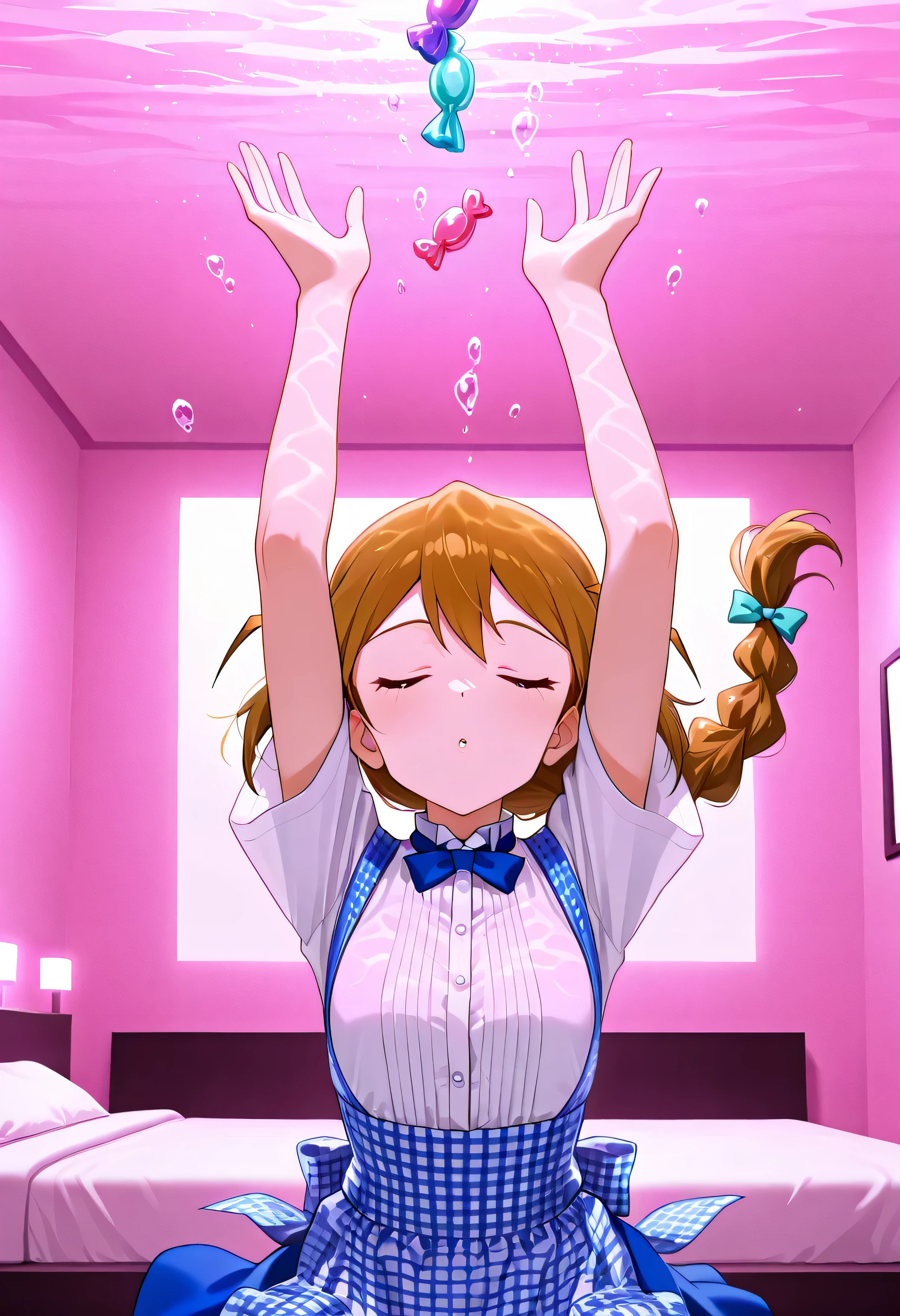 The Idolmaster Million Live, 1girl ,Baba Konomi,single braid,hotel bed,(((In the underwater room she is drifting))),(big rainbow candy:1.5),kobeya uniform,blue bow, blue bowtie, white shirt, short sleeves, blue skirt, Blue apron, gingham apron, employee uniform, high-waist skirt,(beautiful girl:1.3),masterpiece,Please redeem,Ultra-high resolution,rich contrast,Very high quality,8k,Highly detailed CG unit wallpaper,Texture,So ridiculous,RAW Photos,Highest quality anime,anime-style illustration,studio anime style,professional photograph,an extremely delicate and beautiful,Depth of written boundary 1.2,Glowing Skin,Beautiful glossy lips,(underwater room illuminated by pink lights),watereffects,creating splashes,(with closed eyes)