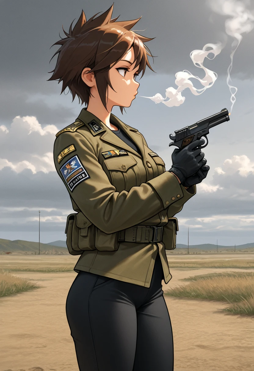 1girl, grey T shirt, tan bulletproof vest, beautiful, brown hair, green eyes, jeans, S.T.A.R.S nameplate, tactical headphones, short hair, tactical boots, smoking cigar, serious expression, night city, armored truck in background, STARS written on armoured truck.```