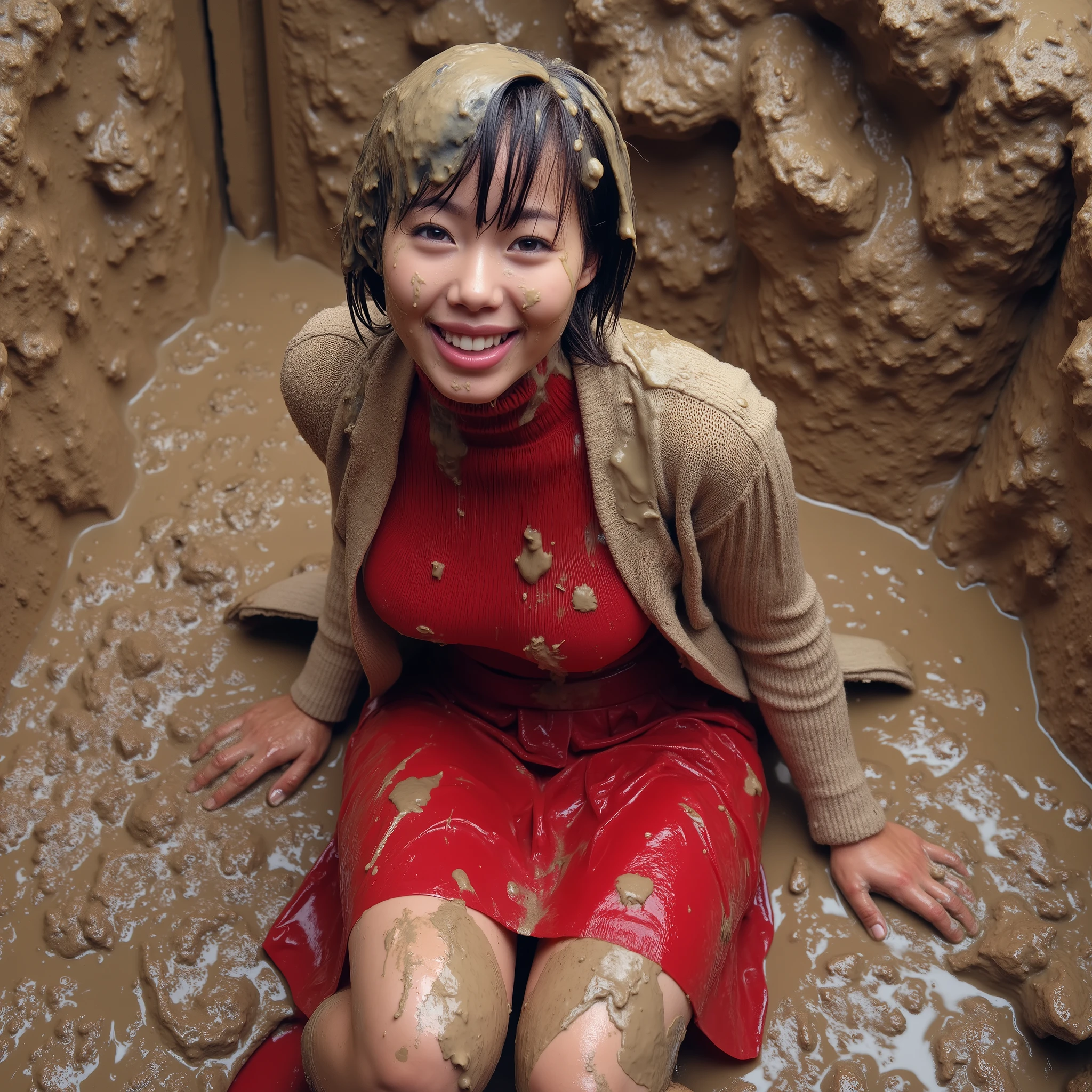 During huge rain of the liquid mud a wake Inoue smearing on own clothes liquid shit, poo, slime, food waste, deep diving in mud, sitting in a sewer, crawling in shot for maximum staining in shit own clothes. Her clothing coated fully coated in liquid shit, poo, and white cream, deeply soaked into the natural cotton fabric. She is sitting in a pile of shit, smearing poo over her clothes and herself, crawl on sides on the mud and smeared poo on all down her red turtleneck and long woollen cardigan, have a multiple splashes of mud on the head, red turtleneck and long woollen cardigan and long red pleated skirt and red high healed shoes. Her black hair and brown eyes are visible as she poses confidently and professionally, showing off her dirty, with a sense of relief and satisfaction. The mud appears wet and liquid, adhering naturally to the fabric, with rich texture and detail. The setting emphasizes a vast, muddy interior with a focus on the messy, muddy professional aesthetic.