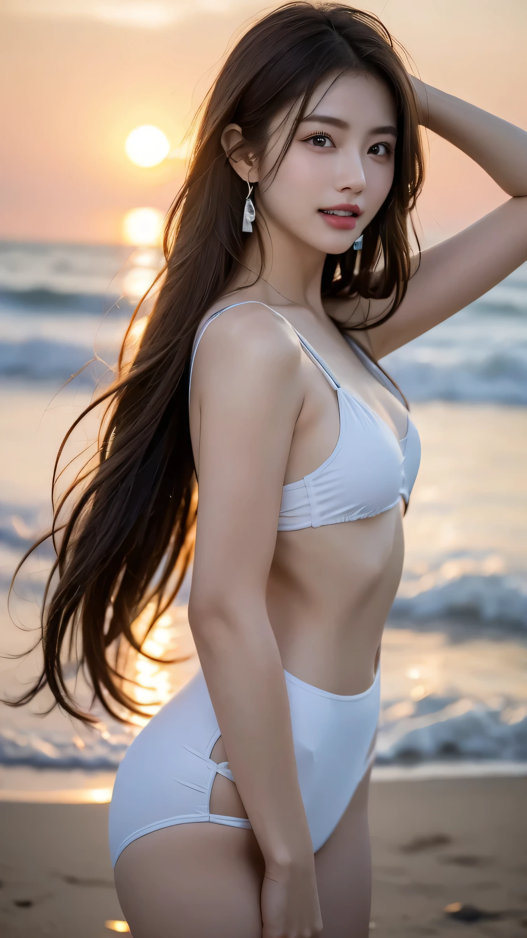 8K, masterpiece, RAW Photos, Highest quality, Realistic, Very detailed, Depth of written boundary, Cinematic Light, Anatomically correct body,
An elegant and beautiful mature woman,
Long black hair, Very beautiful face, Exquisitely detailed face, Glamorous Body,
Transparent white skin, Very detailed肌の質感, Beautiful and big breasts, Shapely ass, Firm thighs,
White High Leg Retard Swimsuit, Detailed cloth texture, Diamond earrings,
Night sky background, Dark sandy beach at night, Pitch black sea surface,