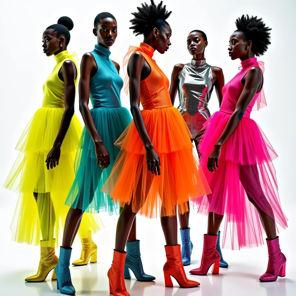 Create a photorealistic image of a group of diverse models wearing futuristic, sustainable fashion designs in a high-tech studio. The outfits feature bold color schemes like electric blue, neon pink, and metallic silver, with sleek, angular shapes and asymmetrical cuts. Fabrics include recycled nylon with a glossy finish, organic cotton with a matte texture, and bio-engineered leather with a subtle sheen. Each model's outfit incorporates translucent panels, reflective surfaces, and 3D-printed accessories. The background is a sleek, minimalistic set with holographic displays showcasing the sustainability metrics of each outfit. Lighting is soft yet highlights the textures and details of the clothing, with a focus on sharpness and clarity. Captured with a high-resolution camera in portrait mode, ideal for Instagram.