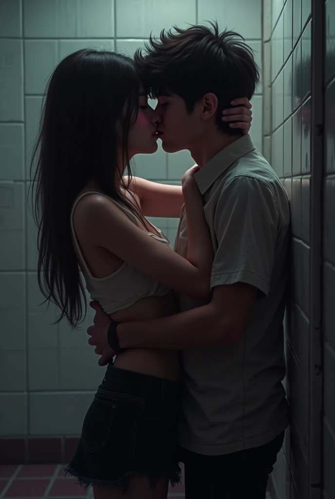 A girl' , bathroom, loss her dress  , with boy kissing, Condom, mustarbation , sex time