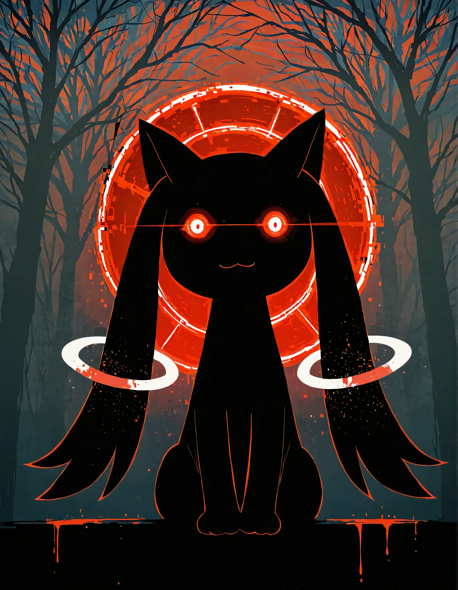 solo feral kyubey, glitch creature, shadow creature, glowing eyes, half-length portrait, sitting, front view, BREAK, masterpiece, best quality, glitch, detailed background, ambient silhouette, depth of field, horror \(theme\), dark place, [:tree:0.15], red light, foggy, blood, cult