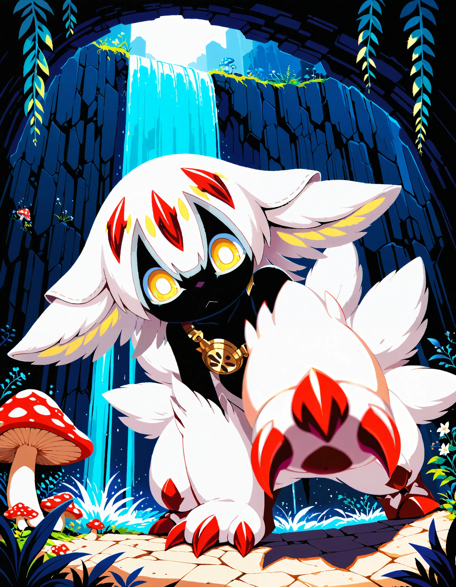 (faputa:1.25), looking down at viewer, under surface view, low-angle view, reaching towards viewer, glowing eyes, claws, empty eyes,:<, BREAK, masterpiece, best quality, made in abyss, restricted palette, pixel \(artwork\), detailed background, depth of field, shadow, magenta light, cyan light, dark night, cliff pillar, runis, plant, waterfall, mushroom, flower, ambient firefly