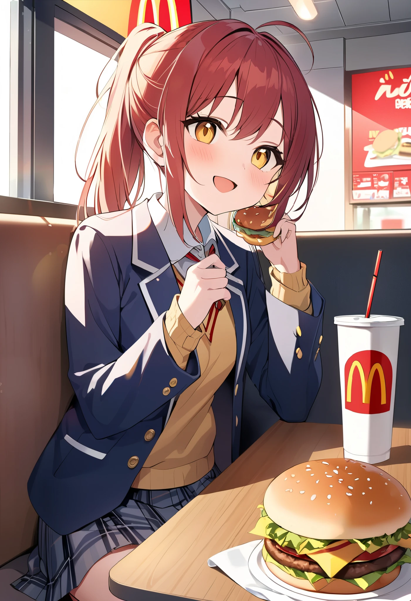 (((Best quality, 8k, Masterpiece: 1.3)), ((best quality)), ((masterpiece)), (detailed), perfect face, A Japanese high school girl sitting inside a McDonald's, enjoying a hamburger after school. She is still wearing her school uniform, consisting of a navy blue blazer, a red ribbon at her collar, and a plaid skirt. She looks relaxed and happy, sitting in a booth, holding a hamburger with one hand, and smiling. The McDonald's interior features bright lighting, red and yellow colors, and the fast-food atmosphere. Outside the window, it's the late afternoon with a bit of sunlight streaming in, suggesting she's stopped by after classes