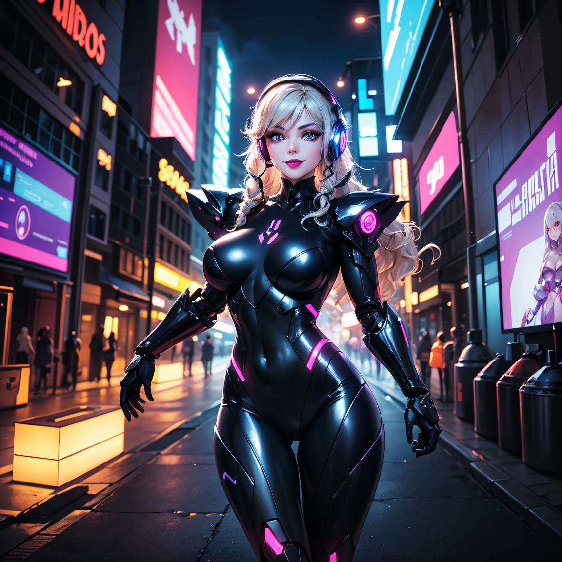 24-year-old blonde woman, pechos grandes, alexa gracia, lindo, cosplay de D.Vigilancia de VA, with his characteristic pink and white pilot suit, she is sitting on the shoulder of her robot ready for combat, ella tiene cabello rubio con una raya rosada en un lado, lo que refleja su estilo juvenil y atrevido., D.Va throws a lindo smile at the camera, The background shows a futuristic city scene at dusk illuminated by the neon lights of skyscrapers and soft evening light