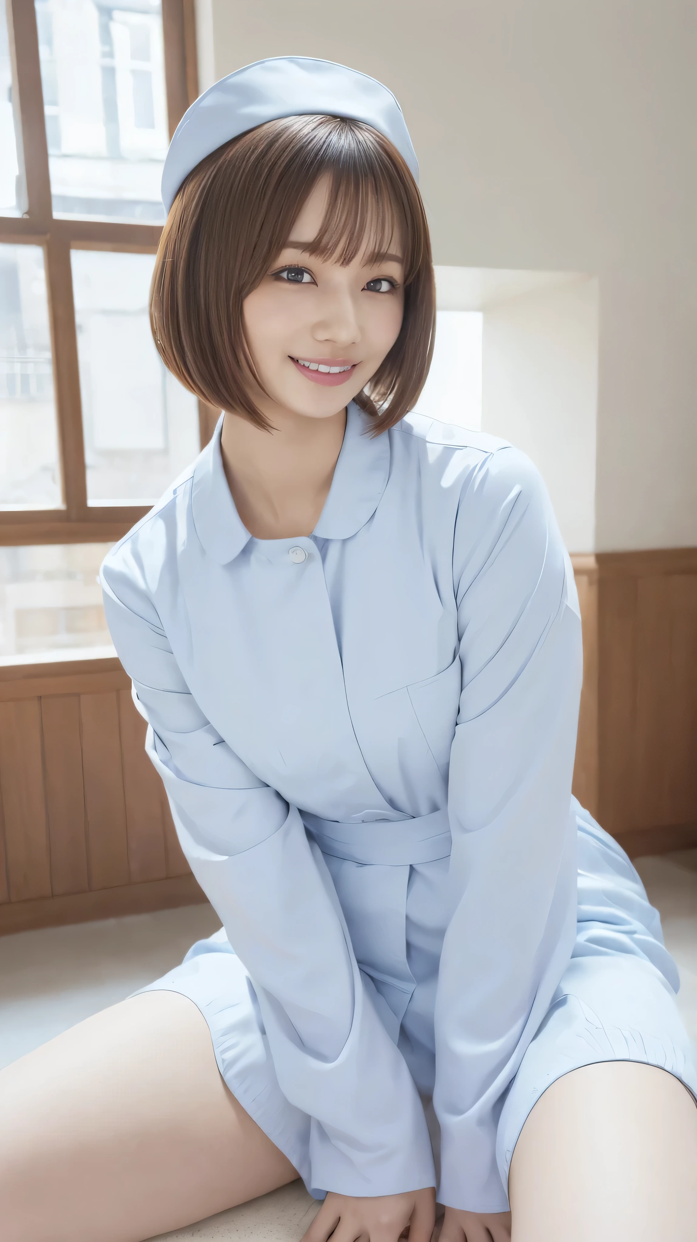 is sitting,Bright indoors、1 japanese girl, big smile ,(Wearing white Nurse clothes:1.2),(RAW photo, Highest quality), (realistic, photo-realistic:1.4), masterpiece, very delicate and beautiful, very well detailed, 2k wallpaper, wonderful, finely, very well detailed CG unity 8k wallpaper, very well detailed, high definition, Soft light, beautiful detailed girl in a blue trench coat , very well detailed eyes and face, beautifully detailed nose, finely beautiful eyes, Nurse, Perfect Anatomy, black hair, upstyle, Nurse uniform, (( nurse cap )), miniskirt, Nurse, pink clothes, thin, clear , white uniform, Neck auscultation,bob cut、Front 、 cross your legs