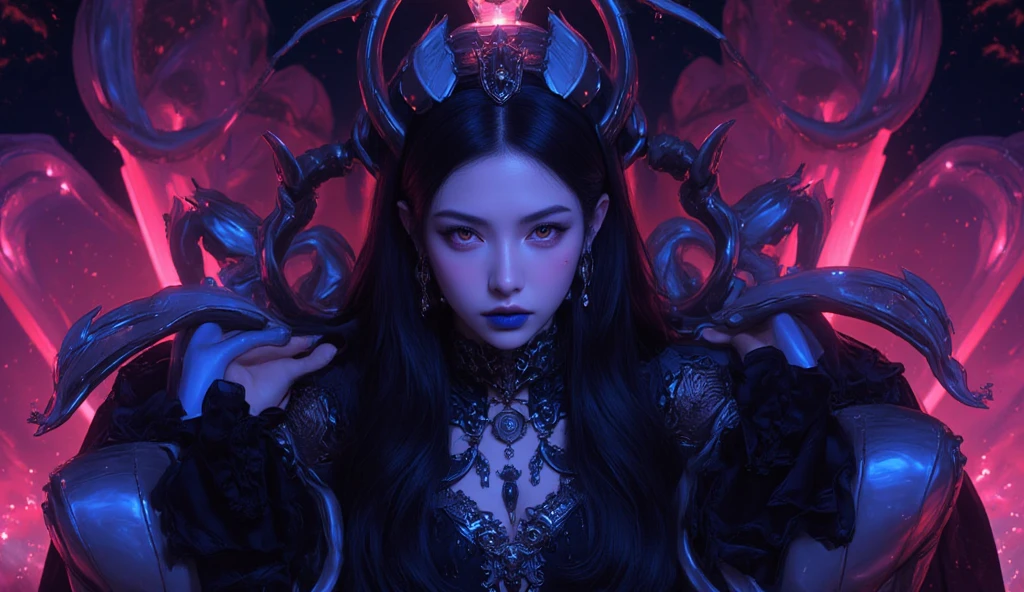 (High resolution,Practical) Long hair girl,skirt, Beautiful demon woman from hell, (in the darkness: 1.6), Very rich facial details，Red-black lips, Shoulder devil tattoo，rugged, Moderate: Detailed facial features, Determine the expression, Dark background，The environment is mysterious and elegant, Model, High contrast required, Jewelry, earrings, miniskirt, shirt, Jacket, brown hair, 白shirt, A bracelet, Hair Bun, single Hair Bun, long skirt, Shut up, Hoop Earrings, blue Jacket, skirt, Beautiful demon woman from hell, (in the darkness: 1.6), 大卫霍克尼和阿尔方斯穆夏的Surrealism女性portrait, Fantasy Art, Korean Doll, Photorealism, Dynamic Lighting, Art Station, poster, Volumetric Lighting, Very rich facial details, 8K, in the darkness, Deep Shadows, low pitch, long hair, Black Hair, Luxurious Palace, Royal style, Demon Crown, The red eye makeup is very vivid and detailed, the most beautiful face, Normal breast, Surrealism, Charming smile, The eye makeup is beautiful, Gurwitz, Devil style, Red-black lips, Shoulder devil tattoo, Gloomy weather，Thunder, (portrait), Close-up of the protagonist, (Background details 1.8), Revealing clothes, cosmetic, 白skirt