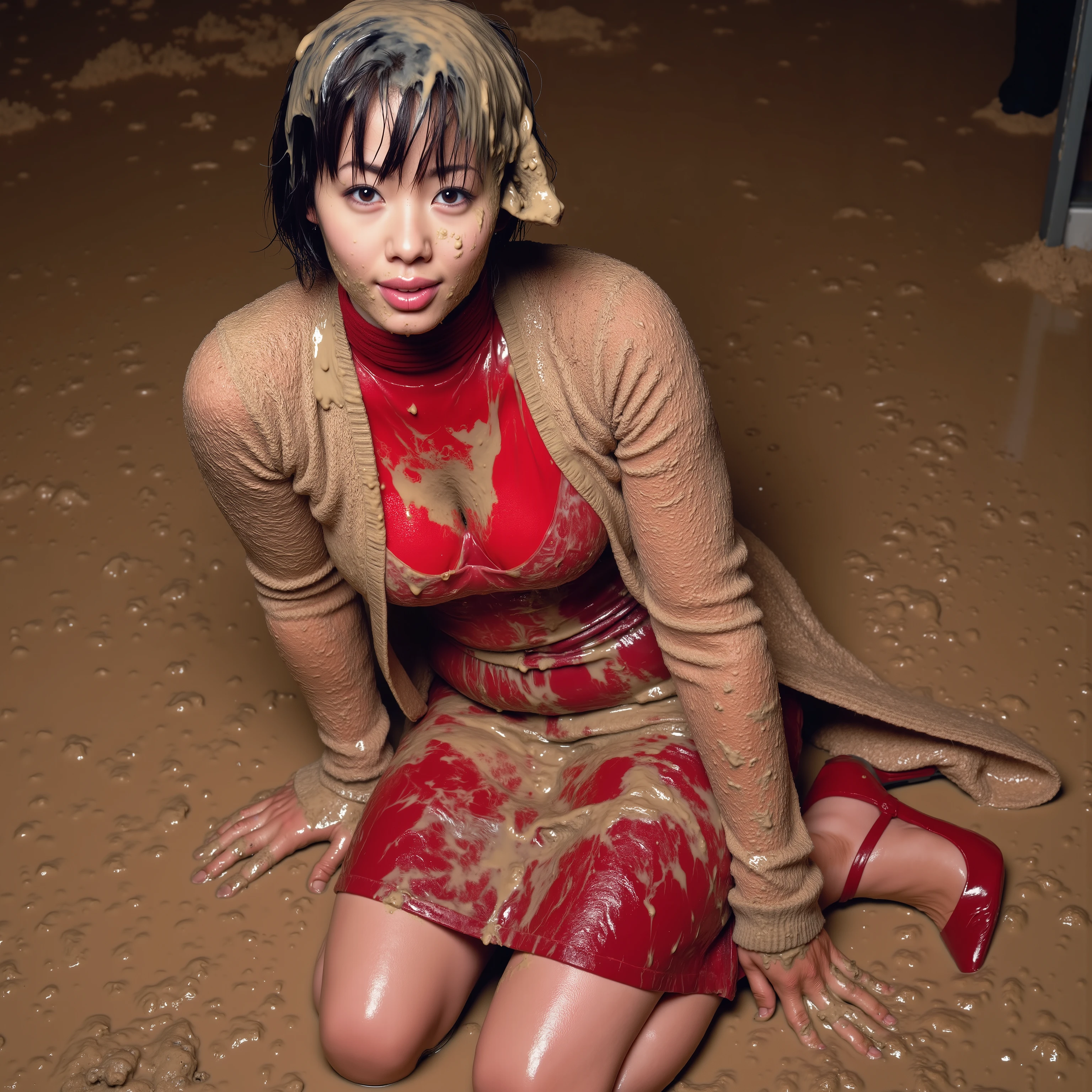 During huge rain of the liquid mud a wake Inoue smearing on own clothes liquid shit, poo, slime, food waste, deep diving in mud, sitting in a sewer, crawling in shot for maximum staining in shit own clothes. Her clothing coated fully coated in liquid shit, poo, and white cream, deeply soaked into the natural cotton fabric. She is sitting in a pile of shit, smearing poo over her clothes and herself, crawl on sides on the mud and smeared poo on all down her red turtleneck and long woollen cardigan, have a multiple splashes of mud on the head, red turtleneck and long woollen cardigan and long red pleated skirt and red high healed shoes. Her black hair and brown eyes are visible as she poses confidently and professionally, showing off her dirty, with a sense of relief and satisfaction. The mud appears wet and liquid, adhering naturally to the fabric, with rich texture and detail. The setting emphasizes a vast, muddy interior with a focus on the messy, muddy professional aesthetic.