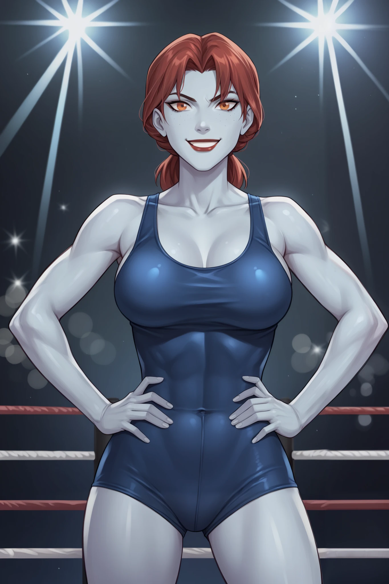 PonyXLV6_Scores BREAK (perfect anatomy, perfect eyes), BREAK mgann morzz, low bun hair, red hair, colored skin, frost white skin, orange eyes, makeup, light red lipstick, ((looking at viewer)), superhero, dark blue wrestling singlet, curvy, athletic, large breasts, indoors, smile, wrestling ring, gym, determined expression, hands on hips