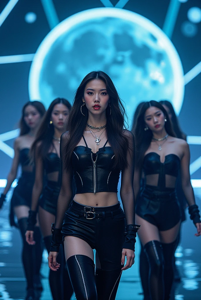 Girl group K-pop asiatique whith seven members one of the girls is black and an other clip with the black girl in center singing wearing black and violet clothes 