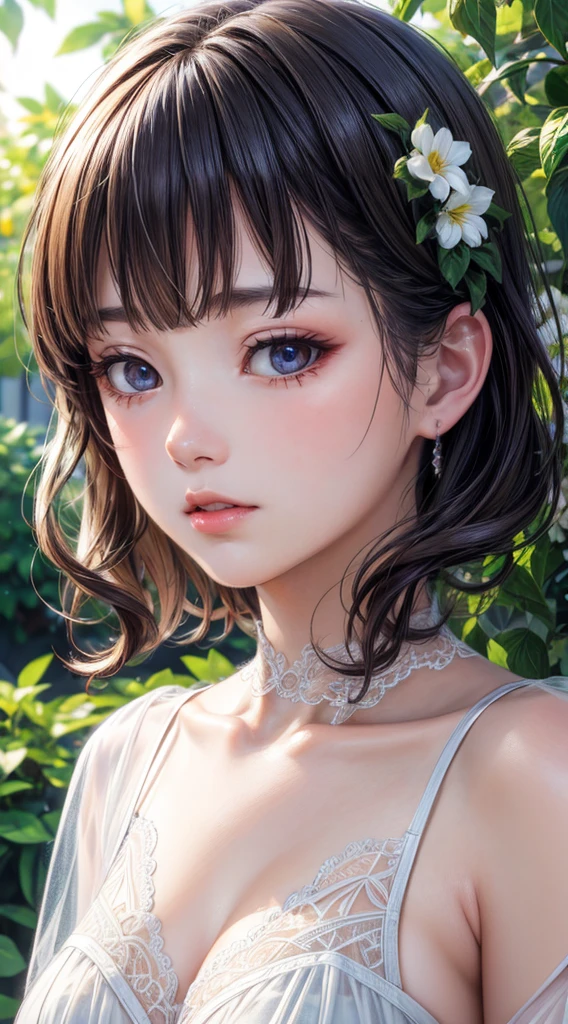 ((Biologically correct limb count))、((Full Body Shot, Full-body photo including face、Head to toe photos))、4K、masterpiece、((Focus on the face))、((Symmetrical facial features))、Eyes of meticulous depiction、One beautiful woman、Excellent style、(stockings、High heels with anklets)、Detailed depiction of the face、Small earrings、necklace、((Close-up photo of the upper body))、(Low - Angle)(((The background is a flower bed in full bloom)))