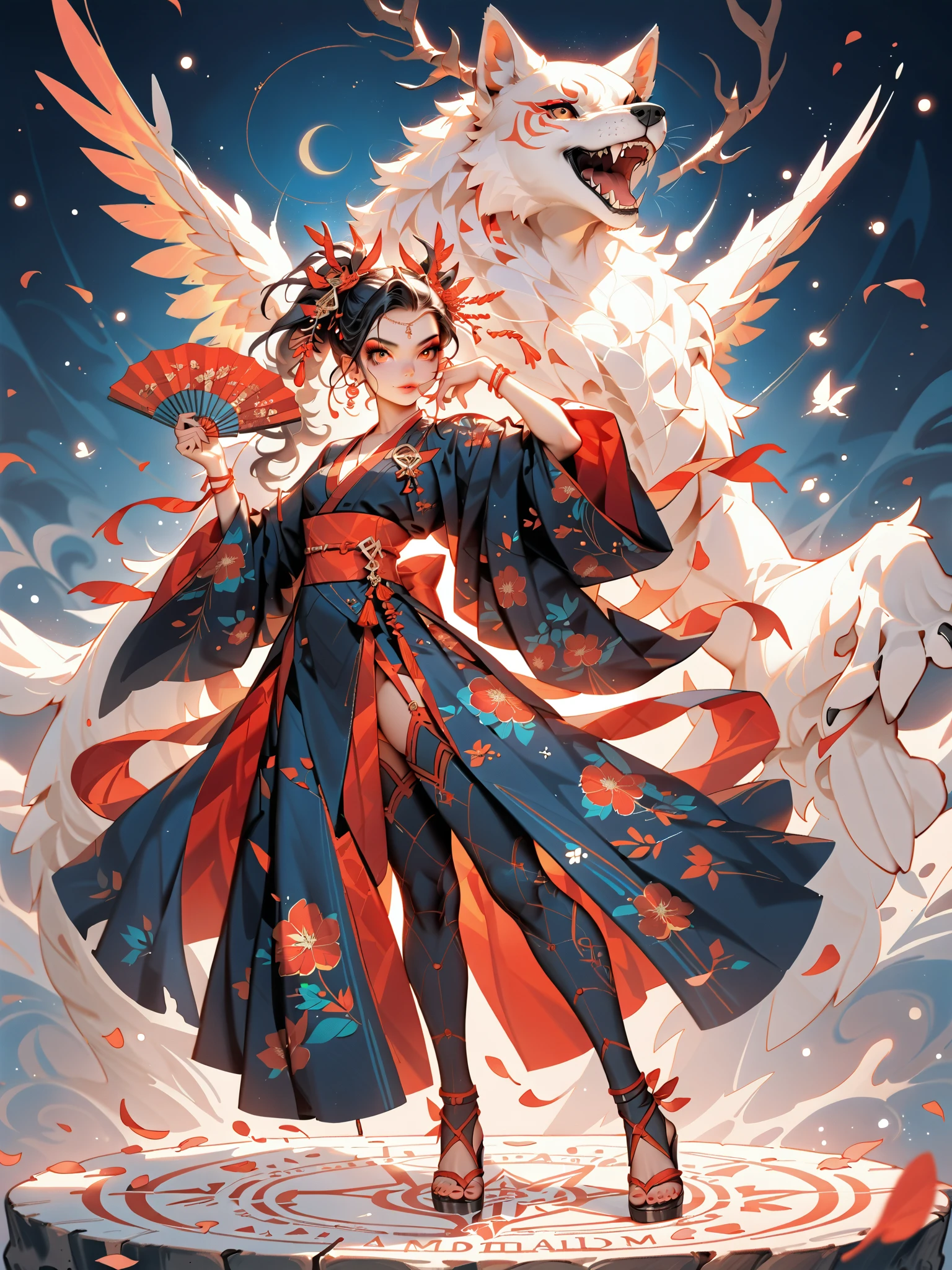 dynamic pose(Foldable Silk Fanを優雅に開き、dancing Japanese dance,)Beautiful age girl illuminated by the moon(A deep smile, black hair,slender figure,supple and curved proportions that glow in Prism School's rainbow colors）A large amount of rainbow-colored particles swirl around the center。
(Foldable Silk Fan)、(Sumptuous gold thread embroidered cherry blossoms and auspicious patterns、The finest red silk kimono、)Gold-embellished hairpin、Sandals。
Weeping cherry blossoms 、Cherry blossom petals soar in large numbers,Jet black night sky 、starry sky。
An anime picture that looks like it was drawn by a top illustrator。
