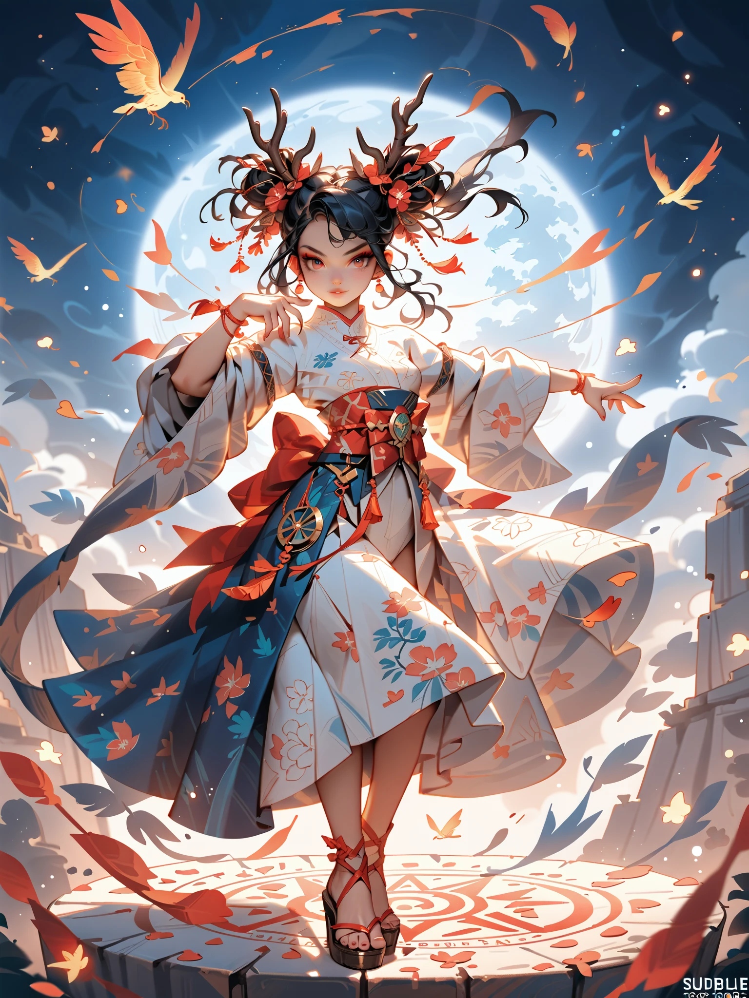 dynamic pose(Foldable Silk Fanを優雅に開き、dancing Japanese dance,)Beautiful age girl illuminated by the moon(A deep smile, black hair,slender figure,supple and curved proportions that glow in Prism School's rainbow colors）A large amount of rainbow-colored particles swirl around the center。
(Foldable Silk Fan)、(Sumptuous gold thread embroidered cherry blossoms and auspicious patterns、The finest red silk kimono、)Gold-embellished hairpin、Sandals。
Weeping cherry blossoms 、Cherry blossom petals soar in large numbers,Jet black night sky 、starry sky。
An anime picture that looks like it was drawn by a top illustrator。
