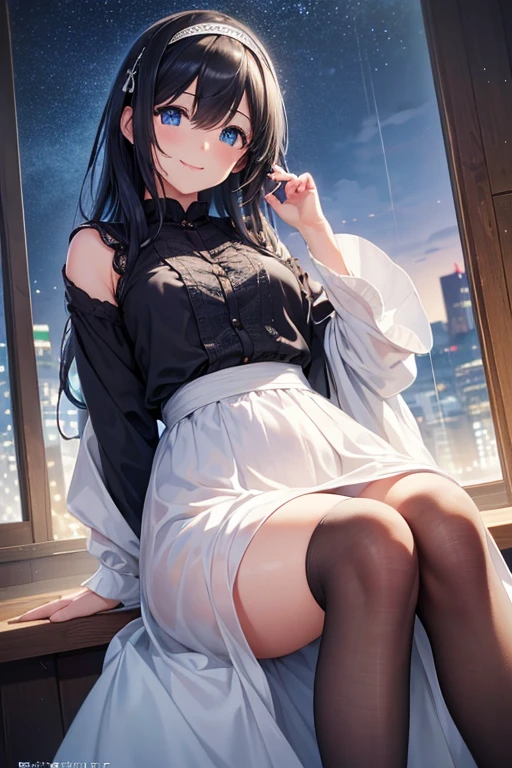 Girl sitting by the window,Behind it is the city