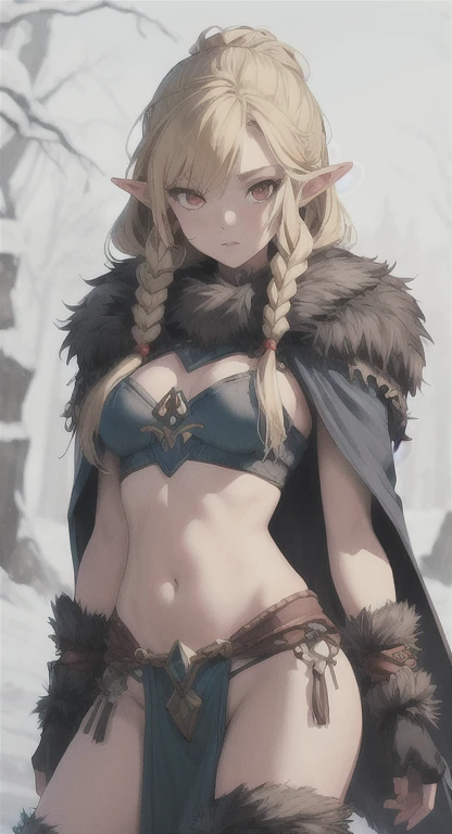 ((Simon Bisley)), Beautiful full-bodied woman, 30 years old, muscular and perfect body, blonde Viking warrior with braids and little clothing, tiny thong, metal bra, polar bear skin as cape, large breasts, generous neckline, holding a blood-stained sword, brave face, dark kingdom, sexy pose, walking in a Viking village in the snow