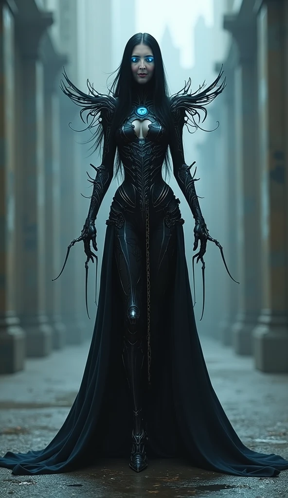Create a dark and bioorganic post-apocalyptic Victorian Cyberpunk character 