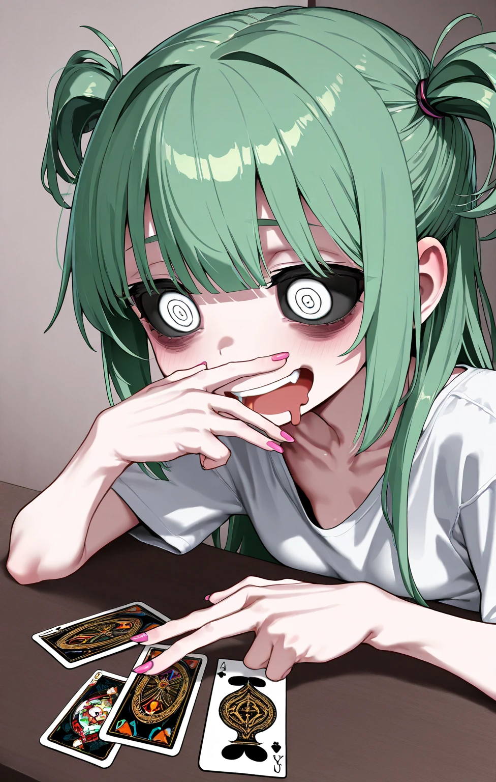score_9_up, score_8_up, cowboy shot, wide shot, dynamic angle, 1girl, NEET, (fair skin), (bags under eyes), tired, sleepy, (very long hair), (very messy hair), green hair, (red eyes), frown, oversized dress shirt, (untucked shirt), off shoulder, bare shoulders, collarbone, choker, pajamas, single thighhigh, (in a dark room), lights off, (dim lighting), messy room, junk food, game controller, futon, at night, dark theme
, <lora:Lunas-Hades-Style-SDXL-A2:1>