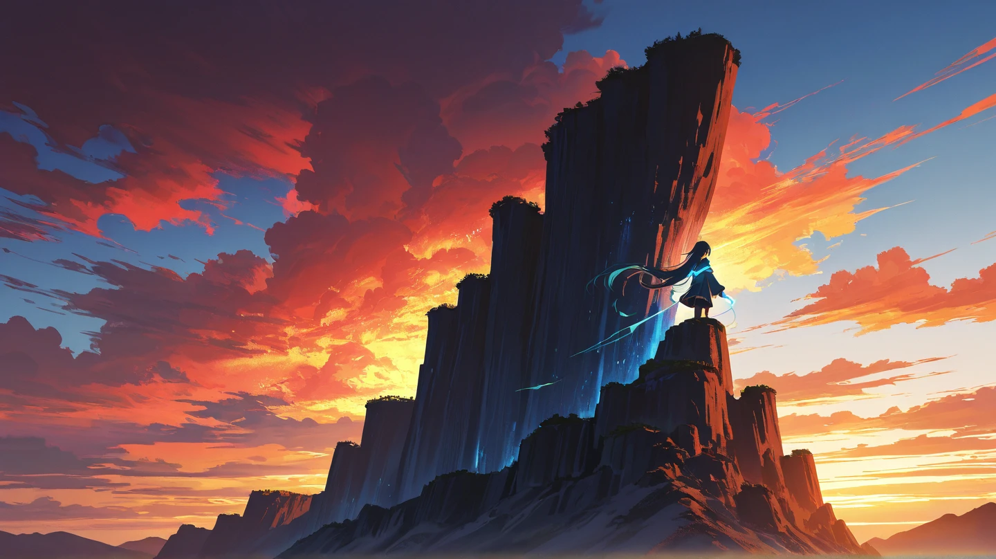 Anime girl in bare back wrapped skirt overlooking the city from a high cliff, 2. 5 D CGI anime fantasy artwork, Guviz-style artwork, Makoto Shinkai Cyril Rolando, Realistic anime warm style, girl walking in a canyon, anime styled digital art, realistic fantasy rendering, adventure hyper realistic render, style of anime4 K, Beautiful digital artwork