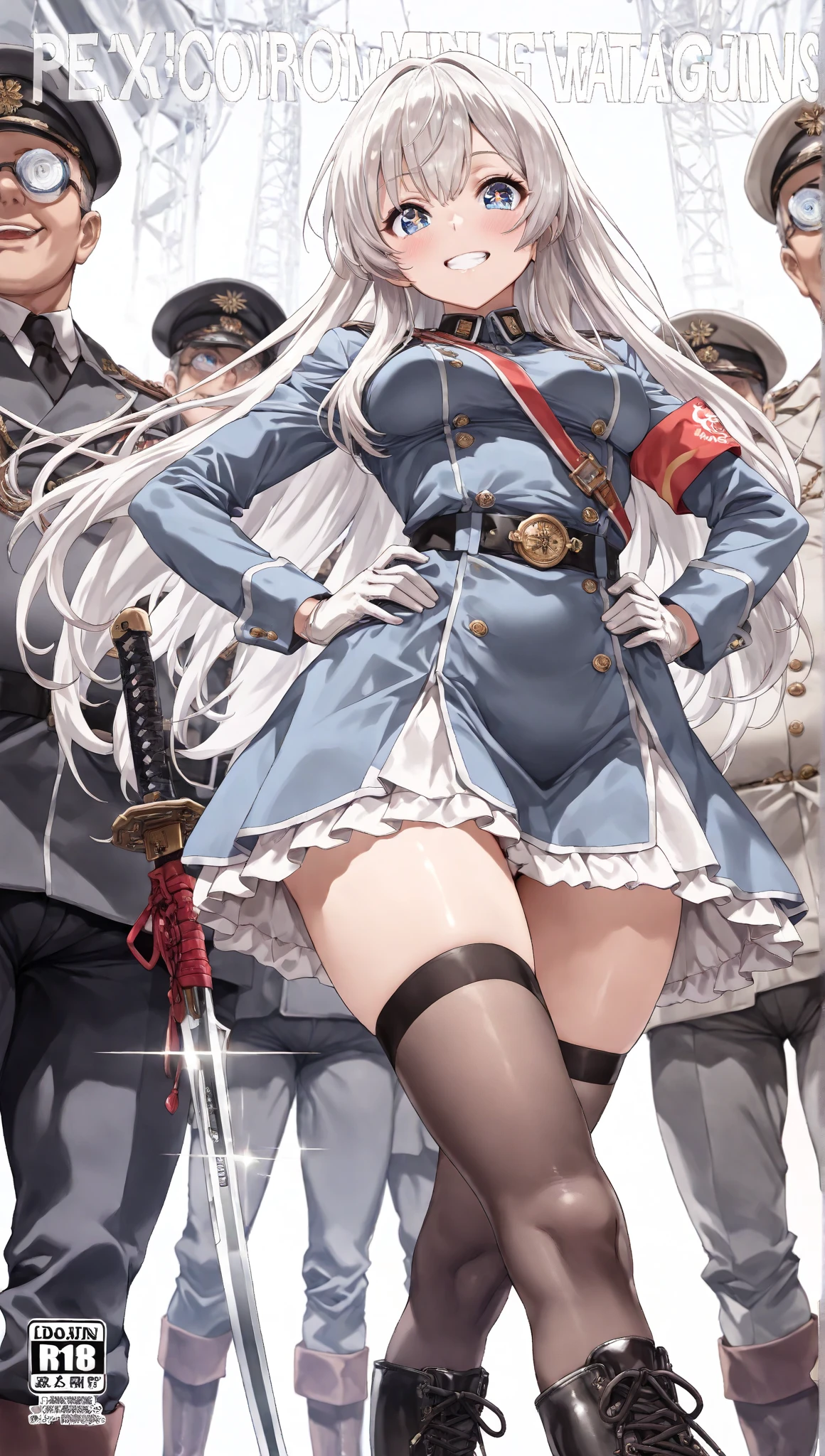 BREAK Perfect Anatomy、(High resolution:1.2)、Incredible illustrations、(Cute illustrations:1.2)
(Beautiful background,(nature,crowd))(,,dutch angle) 
2gial((blonde hair,shiny hair,hair intakes:1.8,long hair)(doyagao)(a girl,, 1.4meters, 35kg),17-year-old,flat chest))(Black coat,Combat Uniform,SILKthong,slut,garter straps,Eye patch),
        ((gradient grey hair,shiny hair,hair intakes:1.8,Dark Skin:1.6)(doyagao)(a girl,height 1.7meters, 40kg),,17-year-old))
 (Black coat,ゴシック風Combat Uniform,,garter straps,eyepatch:1.8) )
 Cosplayer surrounded by people
