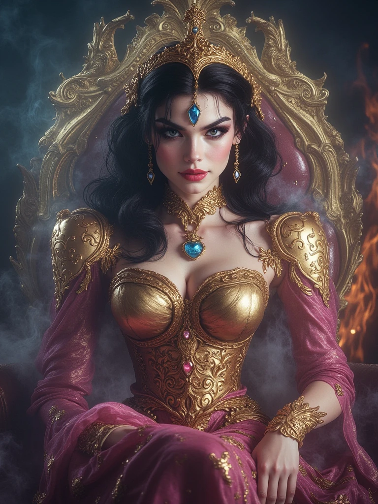 (best quality,highres:1.2),ultra-detailed,realistic,portrait,high fantasy,sexy busty Malaysian woman(age 40),jewel inlaid hijab, jewel encrusted translucent lingerie,tames a devil by casting a very flashy spell,arcane chamber,well-lit room,vibrant colors,exquisite details,seductively poses,confident expression,mesmerizing eyes,long wavy hair,fine jewelry,ornate tattoos,chiseled features,soft skin,golden light,elaborate spell casting,richly decorated surroundings,enchanted atmosphere,mythical creatures in the background,elaborate tapestries,handsome yet sinister devil,subdued black and red color scheme,gentle candlelight,Northern European architecture,ethereal shimmer,curved horns,dark wings,burnished scales,dangerous yet alluring presence