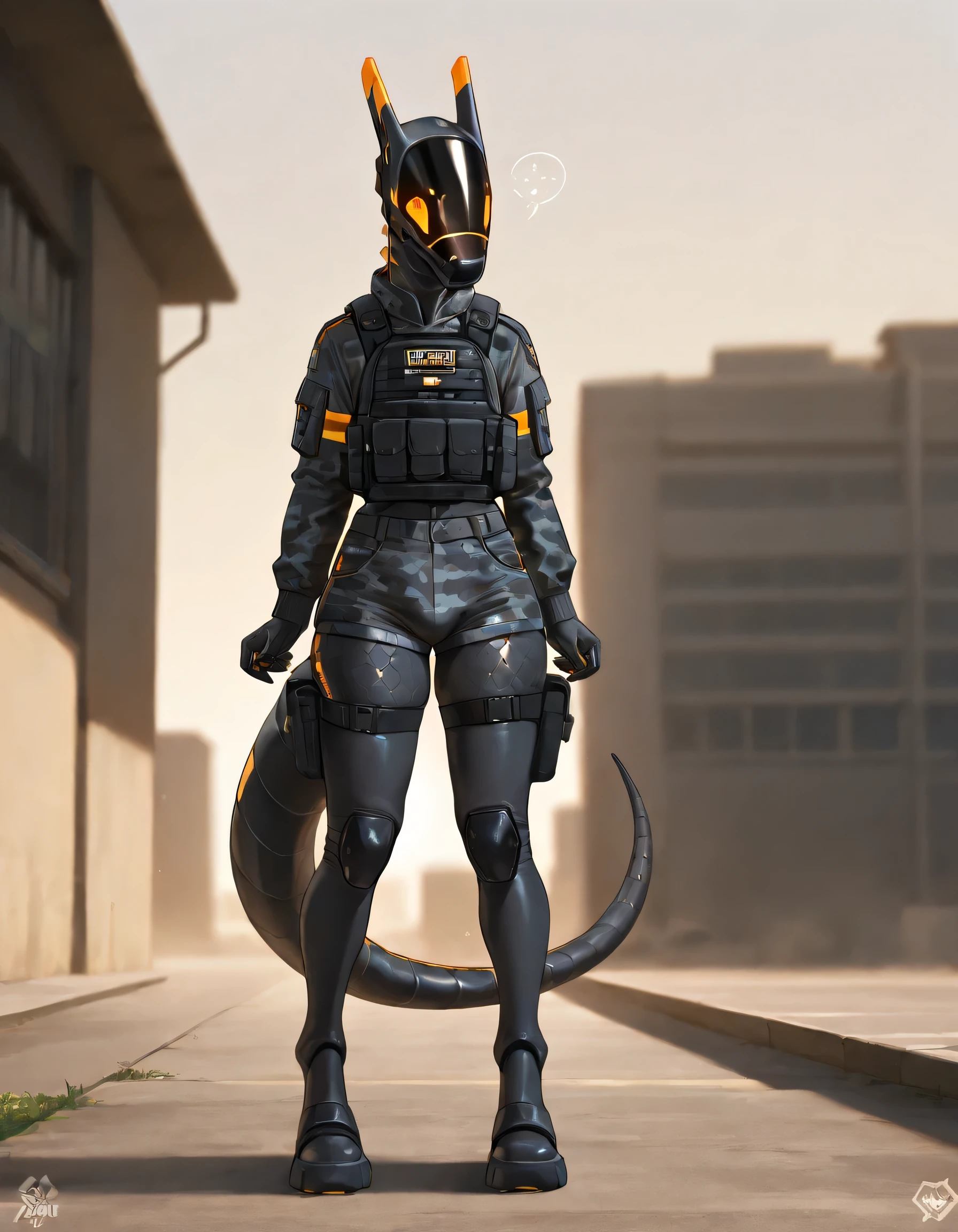 masterpiece, best quality, amazing quality, very aesthetic, absurdres, newest, scenery, extreme detail, 8k, solo, detailed eyes, by Riolutiny, anthro, synth, \(vader-san\), synthhead, synthbod, synthfeet, femboy, girly body, slim, military armor, unaffective armor, chest rig, tactical vest, thigh bags, tail bags, black garters, black camo long sleeve, sporty shorts, stripe, bulge, glowing orange eyes, black body, hexagonal skin texture, orange accents, standing, shy expression, military base, futuristic