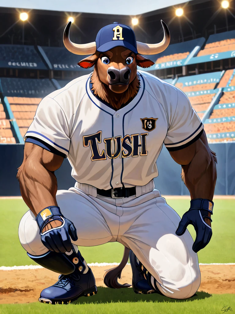 A young bull baseball player, brown fur, realistic fur, bull horns, big groin, lewd, baseball uniform, (e621, art by geppei, geppei5959), furry, anthro, bovine, photorealistic, ultra realistic, 8k, fine details, high details, masterpiece, detailed background, baseball field background, baseball training, night, film noir