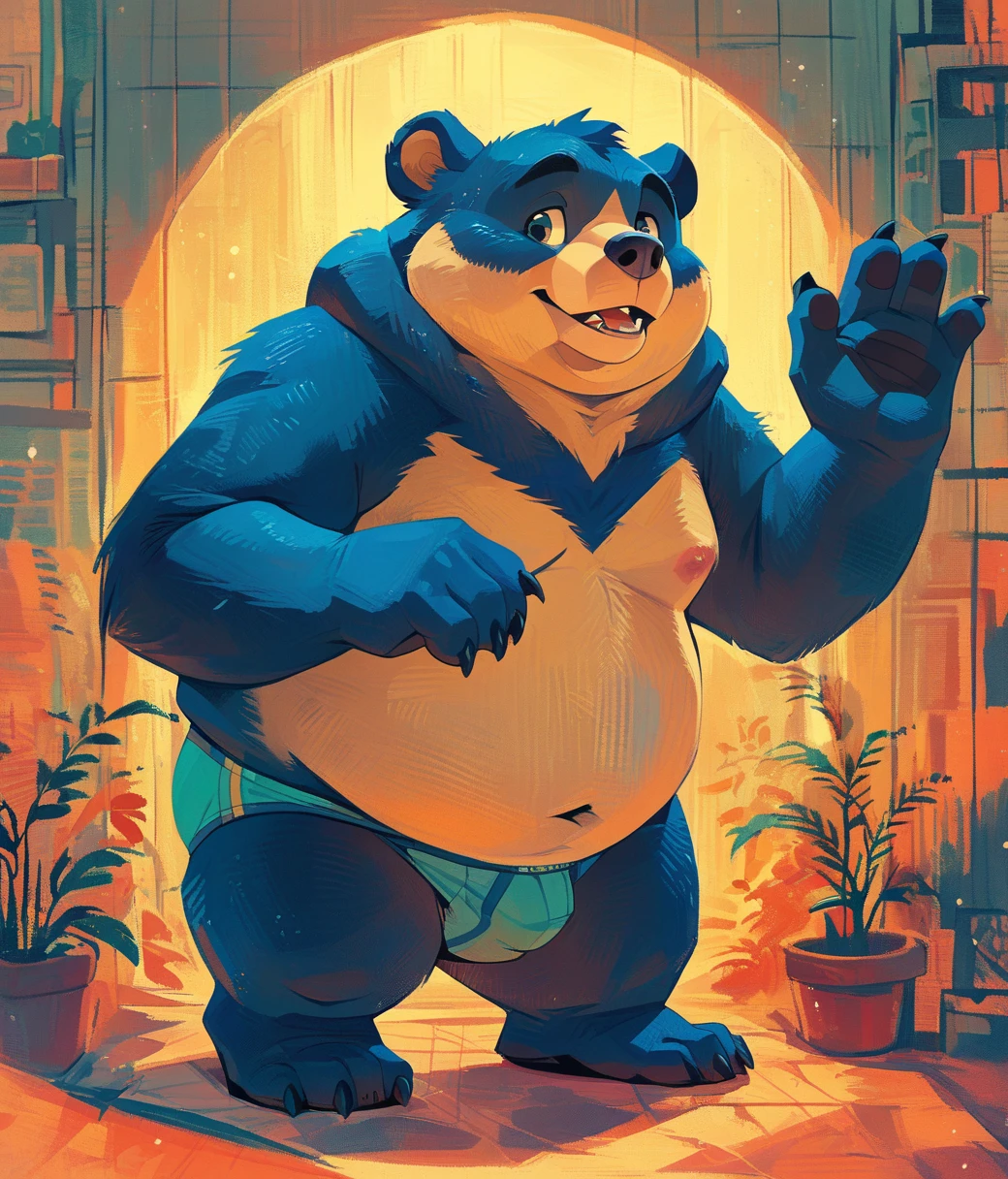(cute, fat, obese, anthro, male, dog), fullbody, nude, (beige briefs, beige eyes), Enchanting garden, blooming flowers, sparkling water, vibrant hues, dreamlike ambiance, peach, soft blue, green, morning and fog, hyper realistic, middle scene, matte painting, hires textures, highly detailed, intricate details, best quality, masterpiece, bright lighting, detailxl