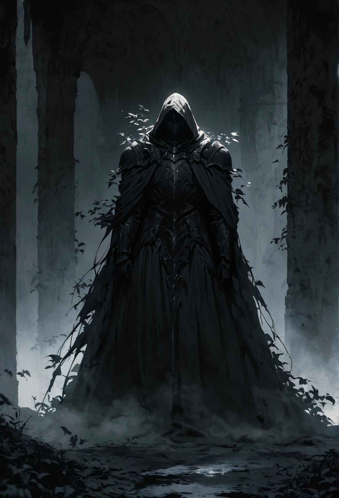 Best quality, high-res) A detailed, battle-worn knight standing solemnly in a dark fantasy, gothic setting. His heavy armor, scarred and weathered, glows faintly under a moonlit sky, shrouded in misty fog. Rustling leaves and chilling winds add to the ominous atmosphere as he gazes into the distance, burdened by sorrow. His hooded cloak billows, casting deep shadows over his mysterious figure. The haunting landscape, with whispering echoes and spectral beauty, enhances the knight’s melancholic aura. Dramatic composition, rich color contrast, and heavy shadows evoke a sense of solitude, loss, and an unspoken past. A deeply emotional and eerie scene filled with dark, gothic imagery.