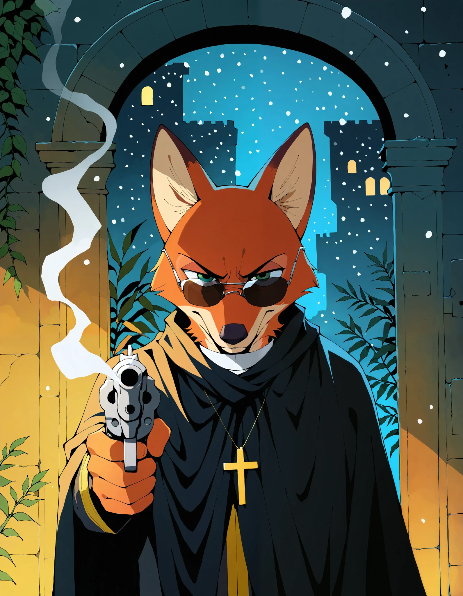 nick wilde, cross necklace, priest, gold and black cloak, sunglasses, holding revolver, portrait, action pose, serious face, smoking, half-length portrait, [high-angle view::0.1], BREAK, masterpiece, best quality, [:by Duskihorns, by Youjomodoki:0.15], detailed background, depth of field, ambient silhouette, backlighting, night, arch, ruins, dungeon, plant, foggy, factory, snowing, grave