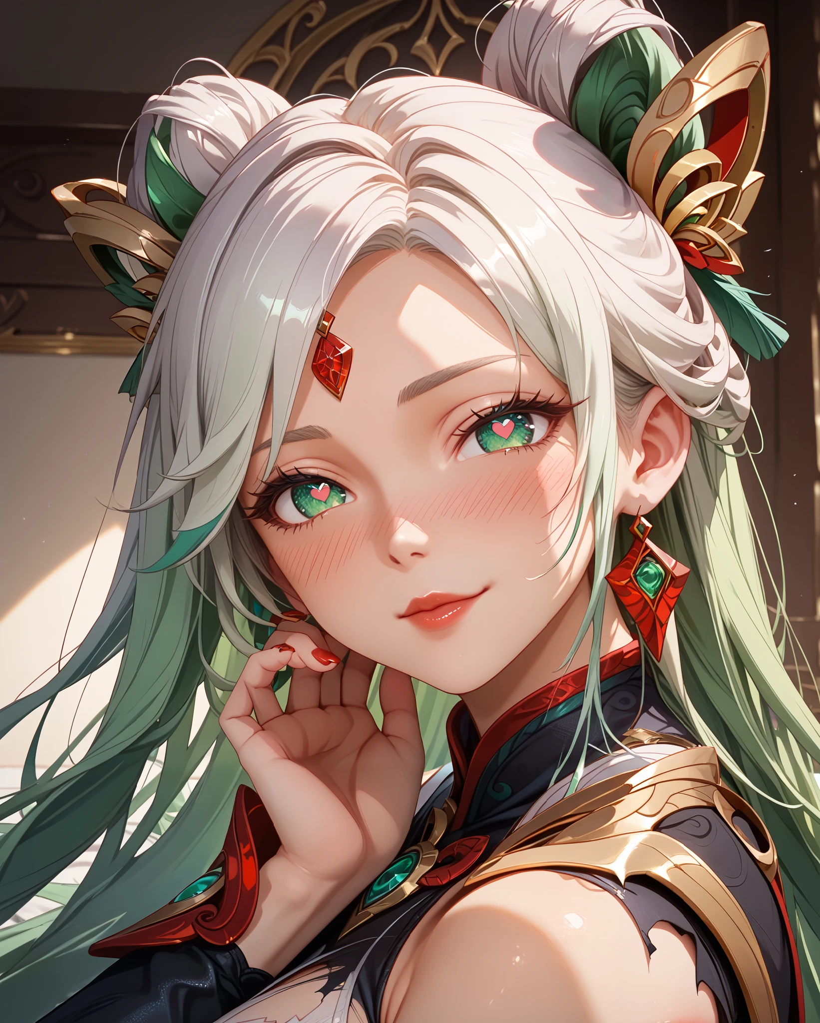 Score_9, Score_8_up, Score_7_up, Score_6_up, Score_5_up, Score_4_up, Tag1, Tag2, Quality_masterpiece, Absurd res, Anatomically correct, Beautiful face, Perfect face, Highly detailed beautiful face and eyes, Attractive face, Detailed face, Delicate facial features,high detail face, Detailed skin, hyper realistic ,high definition detail, Amazing work , wallpaper, screencap, masterpiece, high resolution, best quality ,8k ( Irelia From League ) (White Hair) (White clothes) (green clothes) (black clothes) (long hair) (without knifes) (black shorts) (updo hair) (green hair) (slanted eyes) (mark on the forehead) (white stockings) (red high heel boots) (red nails) (love blush:1.8) white panties, big thighs, eyes closed, big ass, undressing, heart eyes, perverted smile , torn suit, 1 girl, alone, squirt, squirt puddle, undressing,incoming kiss, close-up, Near distance, red lips