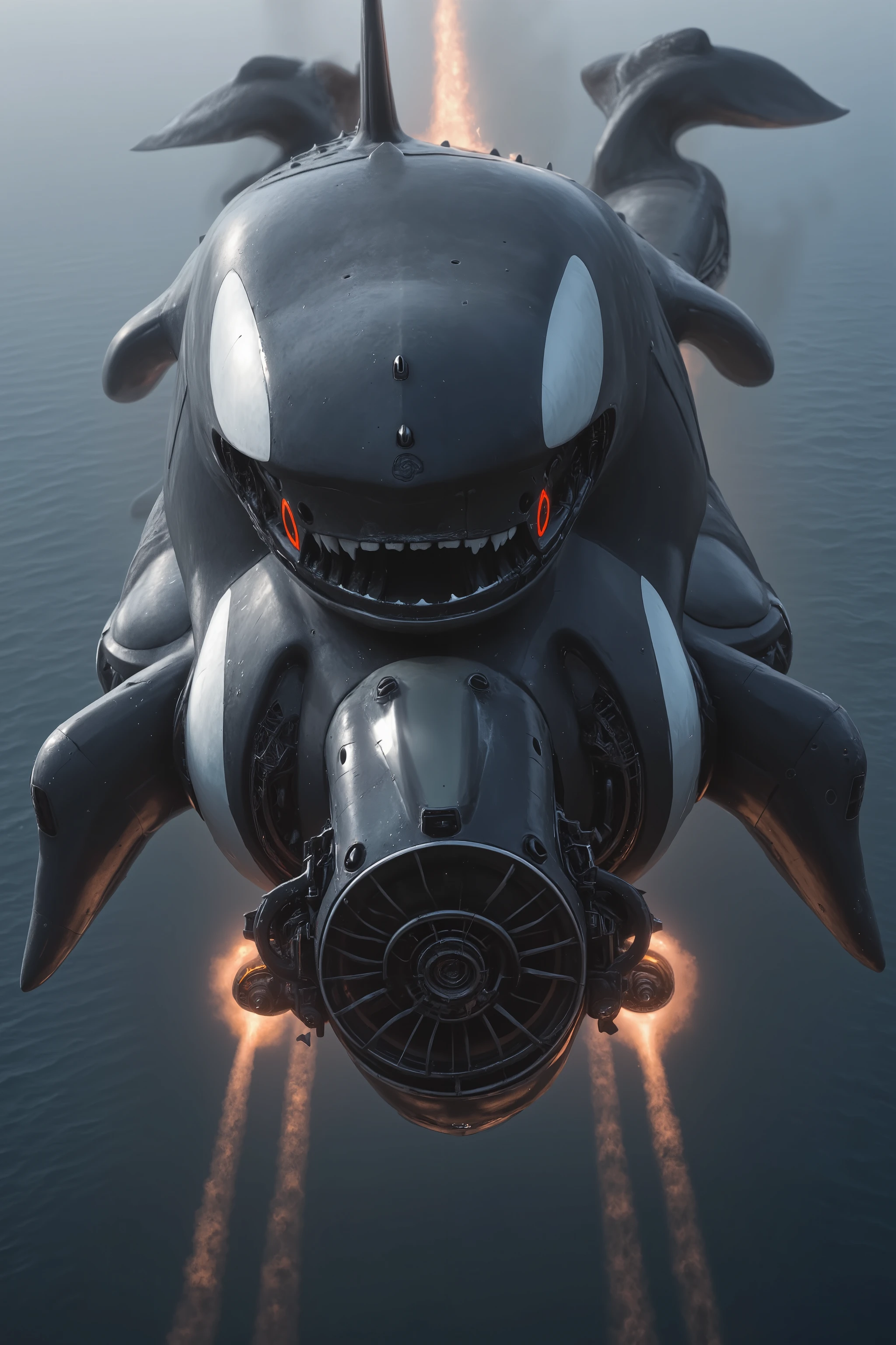 A gigantic orca whale with a large Dangerous Killer rotary propeller engine on the orca whales nose spinning the propeller blades extremely fast rotating speeding up the Propeller Blurring Revving emitting fire with black diesel smoke from the orca whales fin on the top of the whale Revving Like an exhaust pipe doing a burnout on the road Extremely fast begins Soaring up to the sky like an airship, ray tracing, UHD, 16k, DSLR, masterpiece, photorealistic, award-winning