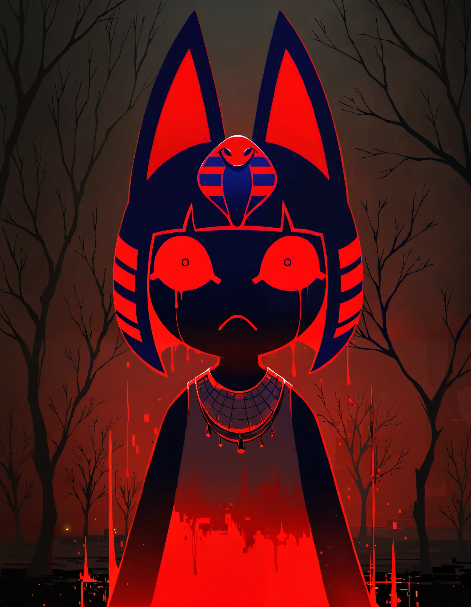 solo ankha \(animal crossing\), glitch creature, shadow creature, glowing eyes, half-length portrait, sitting, front view, BREAK, masterpiece, best quality, glitch, detailed background, ambient silhouette, depth of field, horror \(theme\), dark place, [:tree:0.15], red light, foggy, blood, cult