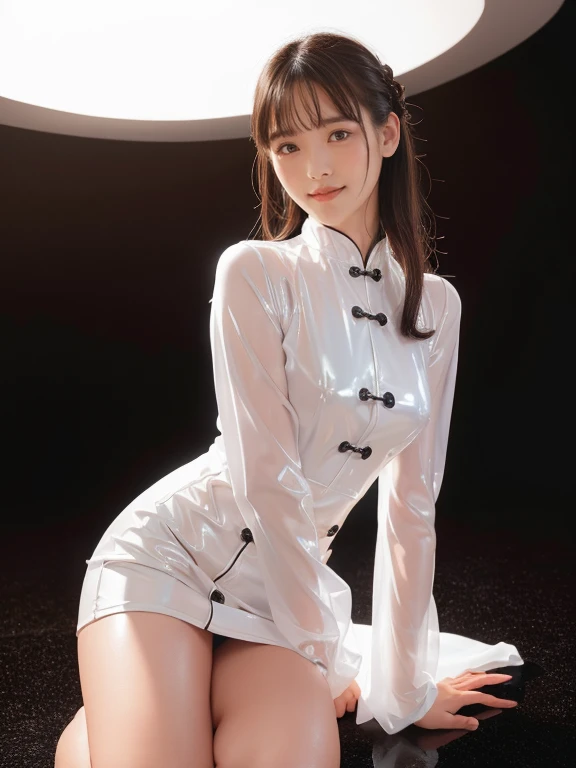 (((masterpiece:1.4, Best Quality:1.4, 8K,))), ultra high res, Physically Based Rendering, Portrait, ultra Beautiful Sexy Woman, 24yo, Detailed large eyes, symmetrical eyes, detailed thin eyebrows, Highlights in the eyes, (dark brown half updo hair, bangs, Hair floating in zero gravity), Highly detailed facial and skin texture, no makeup, Clear focus:1.2, perfect style body, Slender beauty:1.4, ((gigantic breasts)), Slim abs, narrow waist, Clear facial features, (sad expression:1.3, looking away:1.2), (transparent black tight dress, off shoulder:1.6, skirt lift:1.8, no panties:1.4), spread legs:1.4, (detailed beautiful pussy exposed:1.4, pubic hair:1.5, cum in pussy:1.5), (((she is trapped inside a simple transparent glass bottle))), ((many glowing particles are flying:1.5, backlit)), (((simple dark background:1.3)),