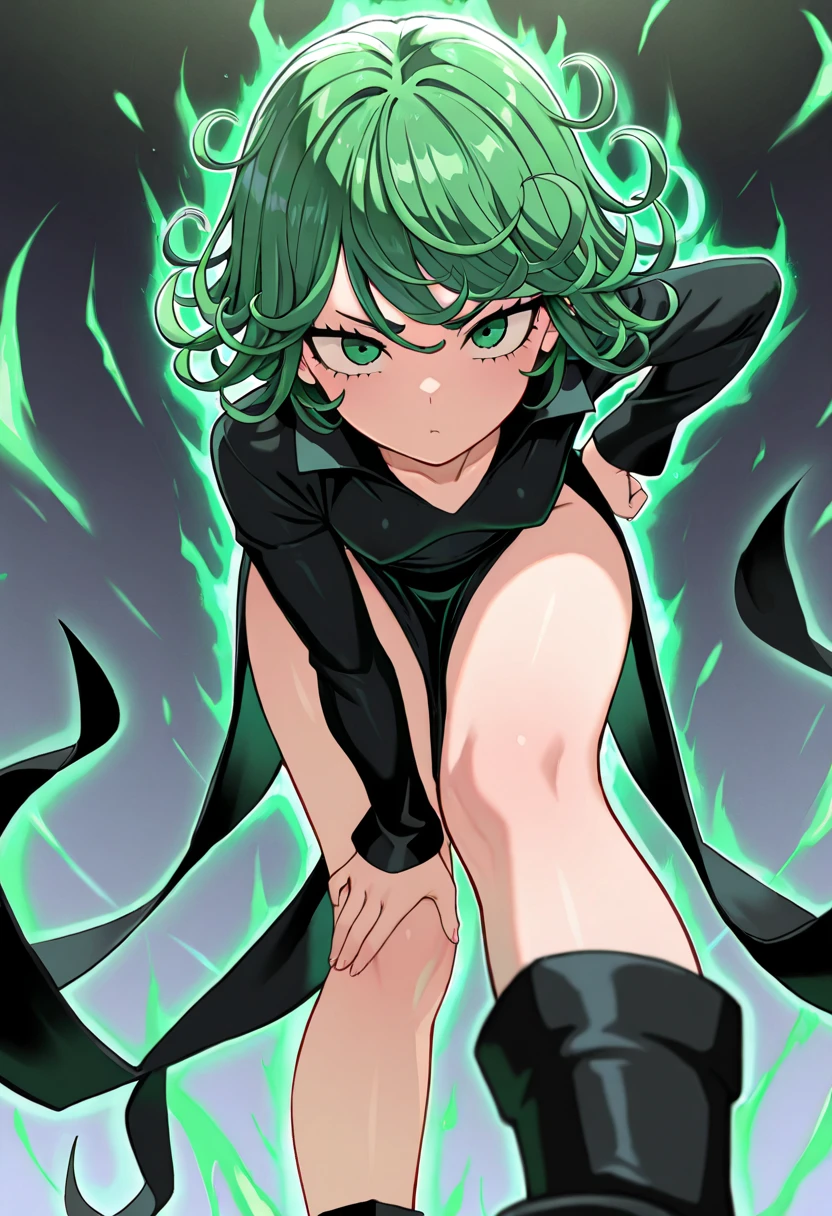 work of art, best qualityer, CG 8k, (colorfully), tatsumaki, one punch man, 1 girl, Volumetric Light, Body cute, fully body, ideal feminine image, corpo sexly, nice legs, eyes glowing green, rosy cheeks, gazing at viewer, visible legs, raised thong panties, black gown, (Transparent robe), sexly, medium breasts, a hand on the breast, adult, ideal woman body, 独奏, (Anatomia sexly das pernas), (clean skin), (cinematic lighting: 1.7), (Tecnologia NVIDIA RTX Ray Tracing), fund: blue sky, destroyed city