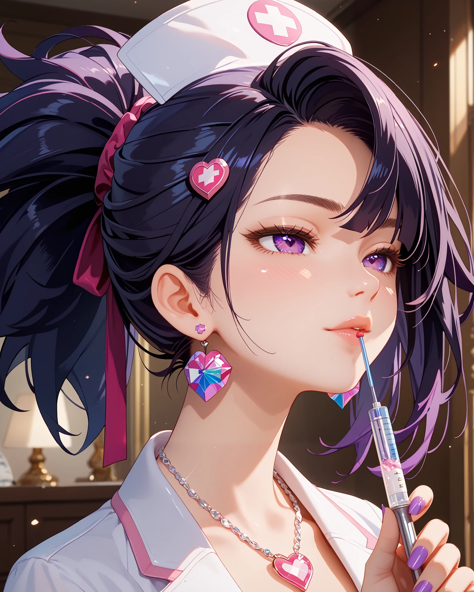 Score_9, Score_8_up, Score_7_up, Score_6_up, Score_5_up, Score_4_up, Tag1, Tag2, Quality_masterpiece, Absurd res, Anatomically correct, Beautiful face, Perfect face, Highly detailed beautiful face and eyes, Attractive face, Detailed face, Delicate facial features,high detail face, Detailed skin, hyper realistic ,high definition detail, Amazing work , wallpaper, screencap, masterpiece, high resolution, best quality ,8k ( Nurse Akali ) (lock of hair on left side) (Black Hair) (nurse clothes) (white top) (purple eyes) (white gothic necklace) updo hair, concentrated, holding injection, blushing, ebarrasing,updo hair, alone, high purity eyes, closing one eye , half closed eyes, long purple nails, close view, taking notes, close-up, Near distance