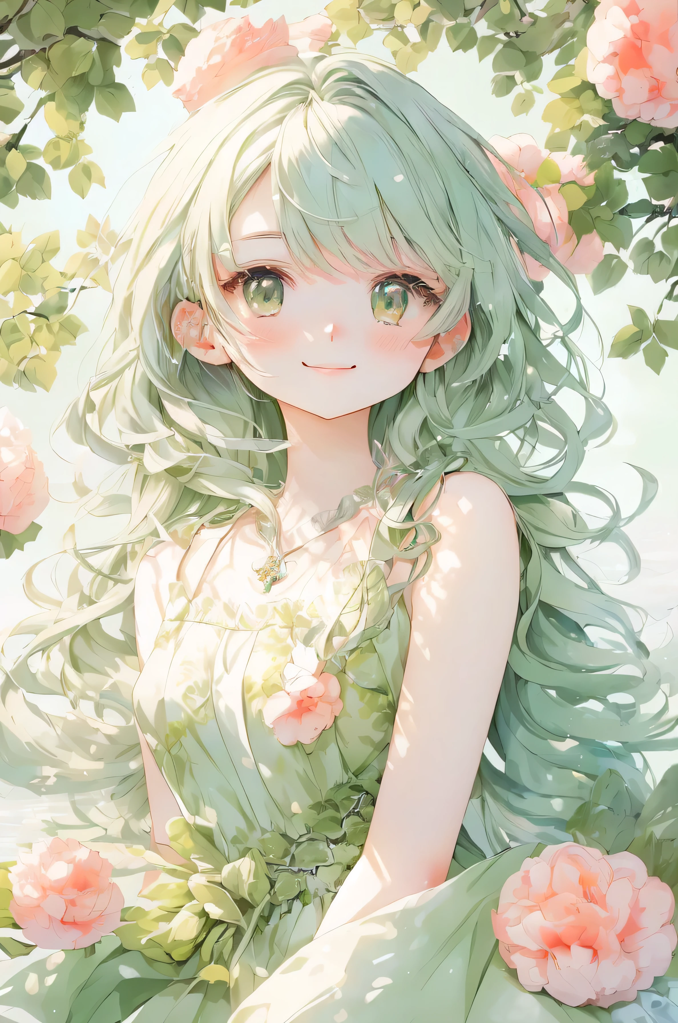 Anime smiling girl、sitting in a tree with long green hair and a green dress, detailed digital animation art, BEAUTIFUL ANIMATED PORTRAIT, Beautiful anime style , open your mouth, beautiful anime girl crawling on the bed, portrait of a cute anime girl, soft anime illustration, clean detailed anime art , anime illustration, cute natural anime face standing in front of a lake , beautiful anime artwork , digital anime illustration, beautiful anime style , detailed anime art , detailed portrait of an anime girl,high definition, masterpiece, is anatomically correct, accurate, has won numerous awards, 最high quality, Details, High details, high definition model, high quality, quality, very detailed, , textured skin, Ultra High Definition,