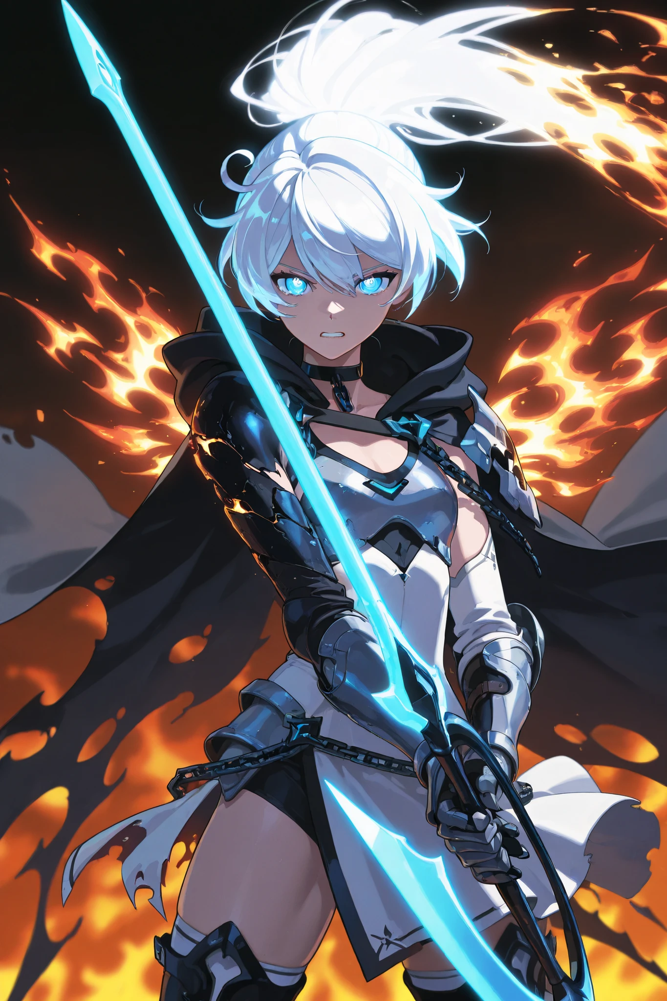 Anime illustration, detailed anime artstyle, cinematic background, extremely detailed background, backlighting, backlit, cold light, colorful, light reflection, solo, 1girl, (cowboy shot, upper body shot:1.2), asymmetrical armor, detailed skin, extremely detailed eyes, dynamic pose, Kiana, pure shining white hair, [long hair, high ponytail|(black flames, burning hair:1.2):0.4], kiana kaslana, flat chest blue eyes, bright eyes, glowing eyes, ringed eyes, HoF_Def, dress, white dress, white breastplate, clothing cutout, broken armor, cracked armor, battle dress, (broken clothes, clothes break:1.1), [shredded cape, broken cape|burning wings], [blue liquid flames, wielding a greatsword|(swordstaff, glaive, black flames, black napalm:1.2):0.5], sports bra, cloak, d4rkr34p3r, armor:pauldrons, hood, choker, gauntlets, chain:thighhighs, half-skirt, high heel boots, clenched teeth, serious expression