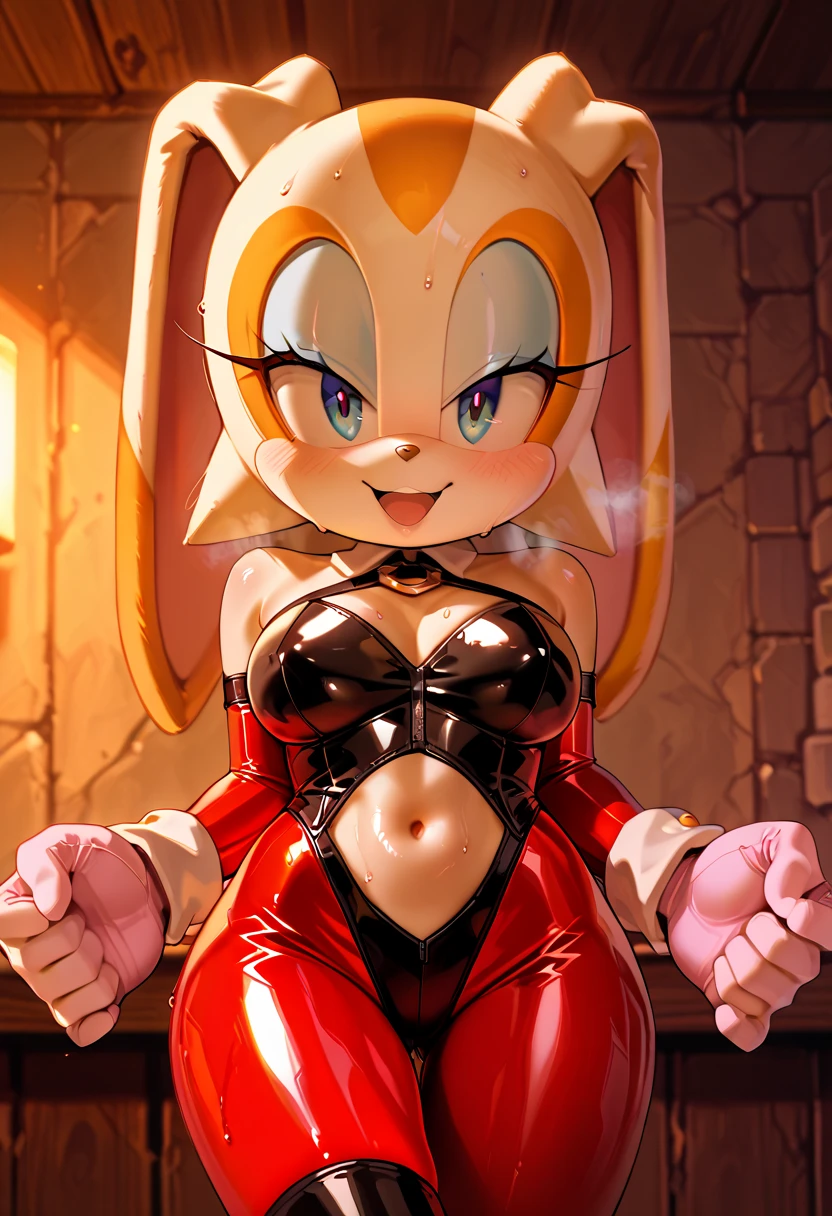 (masterpiece), (8k, high resolution), sonic, vanilla the rabbit fusion with amy rose fusion with rouge the bat, sexy, cleavage, wearing sexy dress, dark clothing, eyeshadow, eyelashes, menacing look, sultry, dark room