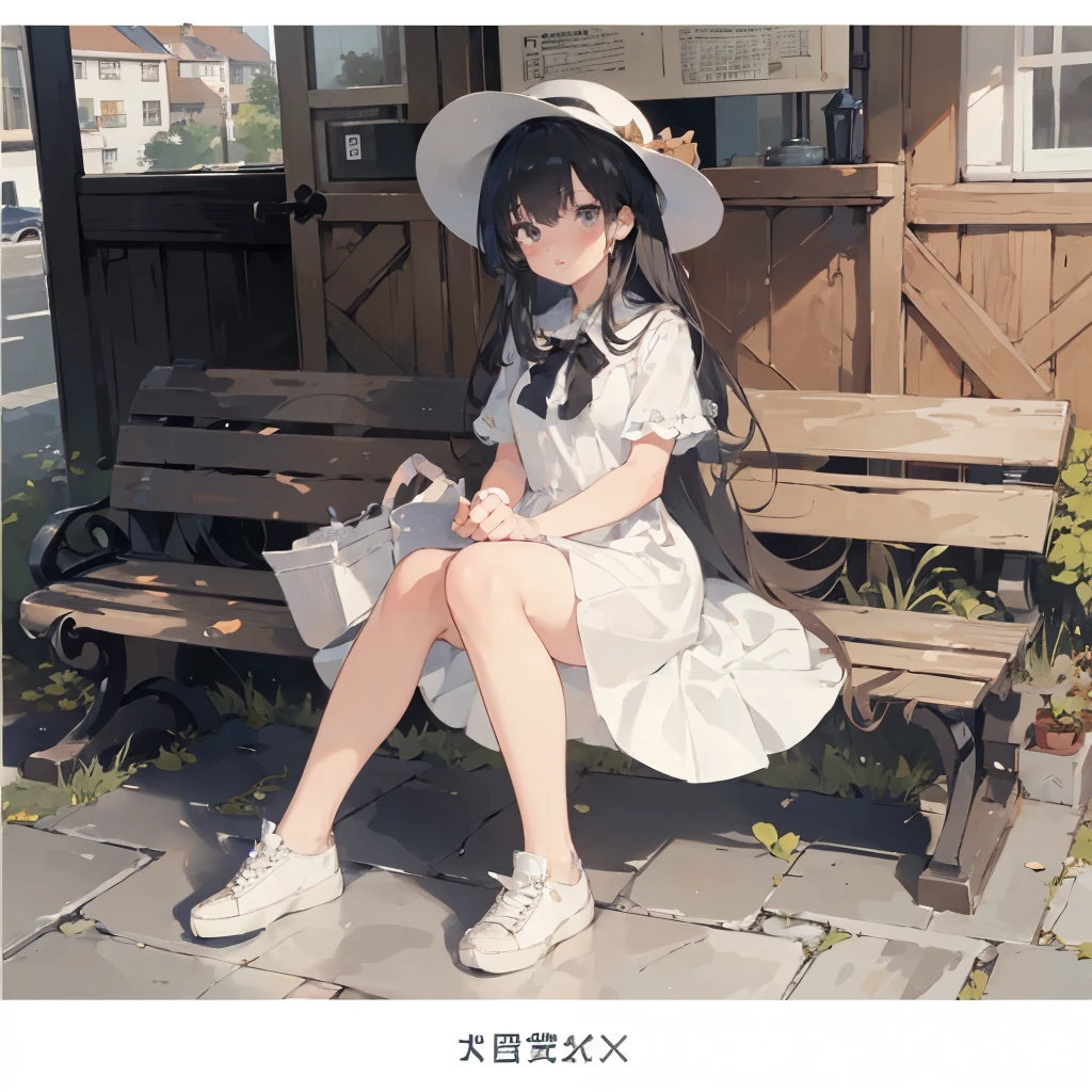 8,000,4K,Super resolution, elegant art , Top Quality, is of the best quality),Extremely detailed,Colorful,Most detailed, Super Fine ,(very detailed CG illustration),(Gorgeous background), Super Fine Painting ,Bright Color,panoramic, 1 girl,alone,( full body),alone,Black Hair,Double tail,Straight bangs,Watery Eyes,Bare Legs,cute oversized round hat,White dress ,Straight bangs, Steam body ,JK clothing, Arm support ,Anklets, transparent shoes ,Soles(sneakers),(From the side,From below),sitting on a bench,watching the audience, outdoor,square, on the wall