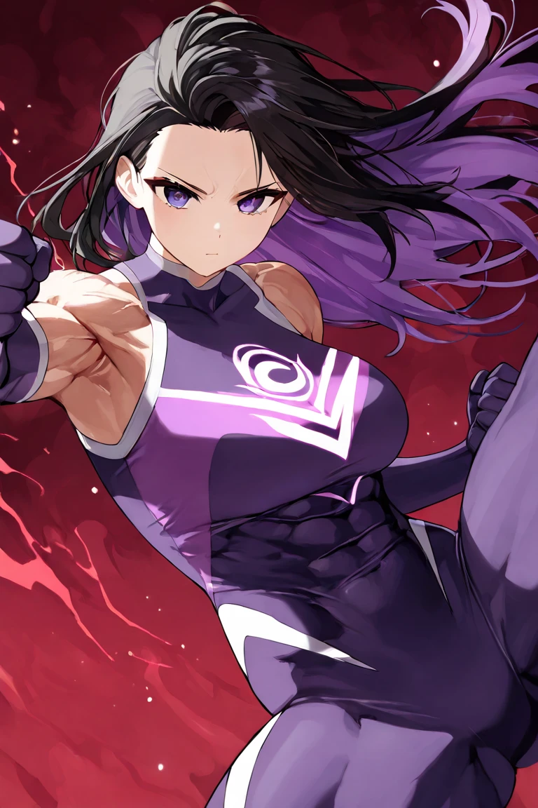 A muscular, macho female ninja is venting her spirit against a red lightning aura