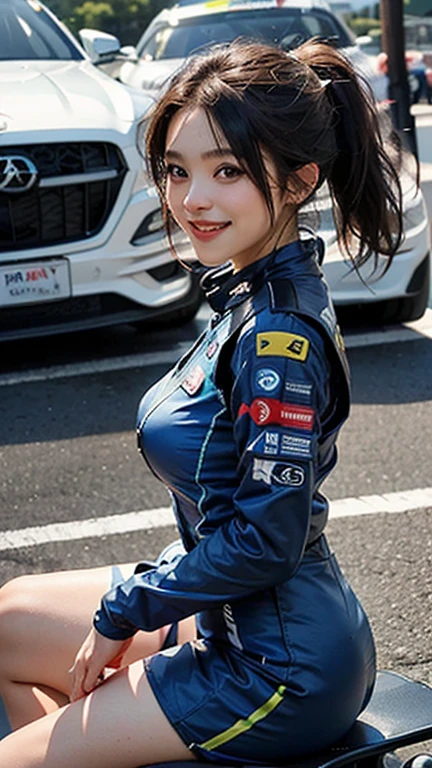 /imagine prompt: A dynamic scene of a young woman in a stylish blue racing suit, posing energetically next to a race car on a sunny day. The background includes a bustling race track and cheering crowds. Created using: digital painting, natural light, vibrant colors, anime aesthetics, hd quality, crisp details, soft focus on background --ar 16:9 --v 6.0