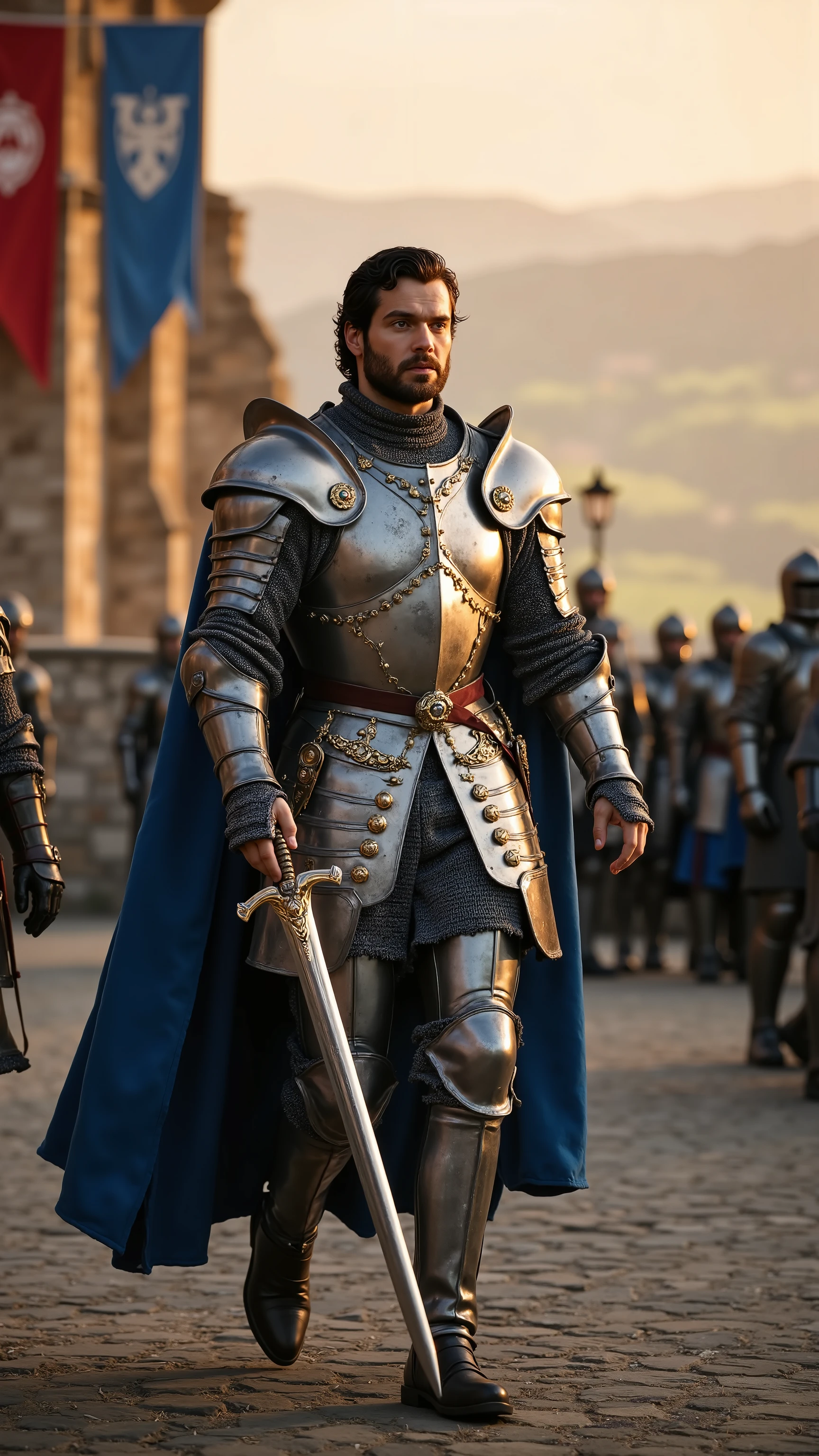Henry Cavill reimagined as a majestic powerful medieval knight walking and holding a longsword、dramatic atmosphere, 1 male、
His broad, chiseled frame is built for war, yet his presence exudes the grace of a true king. His dark, wavy hair is neatly combed back, revealing a sculpted jawline and piercing steel-gray eyes that burn with wisdom and determination. His expression is calm yet formidable,
He wears a masterfully crafted suit of armor, forged from polished silver and blackened steel, adorned with golden filigree and intricate engravings of royal crests and battle scenes. His breastplate, sculpted with fine, intertwining patterns, glows under the light, while his broad, ornate pauldrons, shaped like the heads of lions, rest upon his mighty shoulders, symbolizing strength and kingship.
A rich, royal blue velvet cloak, lined with fine silver embroidery, flows behind him, fastened at the chest with a platinum brooch shaped like a dragon. His gauntlets, engraved with ancient runes of power, he holds a legendary greatsword, its blackened steel blade shimmering with runic inscriptions. The golden crossguard and sapphire-embedded pommel add to the weapon’s regal presence,
, shows his male character's full figure, athletic body, perfect face, full body, extremely beautiful, god, male shape, perfect anatomy, The background showcases The a grand medieval fortress stands atop a mighty stone cliff, its battlements lined with banners bearing the sigil of his royal house. The sun casts golden light upon the castle walls, while knights in gleaming armor stand at attention in the vast courtyard. Beyond the gates, rolling green fields and dark, enchanted forests stretch toward the horizon, realistic, high contrast, 8k, HD, high definition detailed, detailed, hyper detailed, realistic skin texture, best quality, ultra high resolution, hyper realistic, no text, very detailed eyes, dramatic lighting