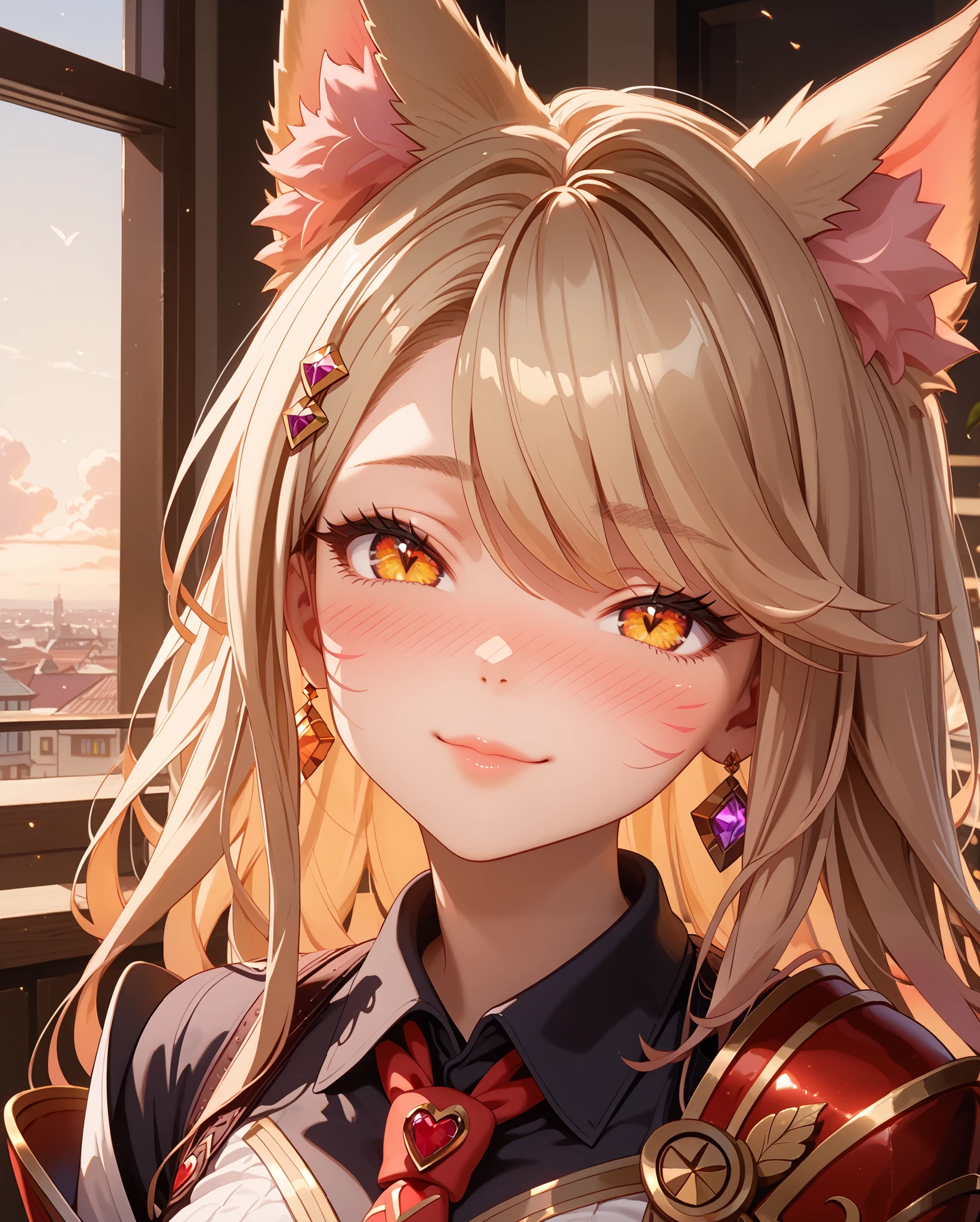 Score_9, Score_8_up, Score_7_up, Score_6_up, Score_5_up, Score_4_up, Tag1, Tag2, Quality_masterpiece, Absurd res, Anatomically correct, Beautiful face, Perfect face, Highly detailed beautiful face and eyes, Attractive face, Detailed face, Delicate facial features,high detail face, Detailed skin, hyper realistic ,high definition detail, Amazing work , wallpaper, screencap, masterpiece, high resolution, best quality ,8k ( Immortalized Legend Ahri ) (Beige Hair) (black clothes) (red shoulder pads) look at you, look of disinterest, café, rooftop, midnight, silent pose, blushing, ebarrasing alone, high purity eyes, concentrated , look of disinterest, sexual pose, casual clothes, thinking, kemonomimi mode,looking at the ceiling, look at you, mature, look of empowerment, necktie, eyes closed ,white collared shirt, incoming kiss, (love blush:1.5), lewd smile, closed-up, near distance
