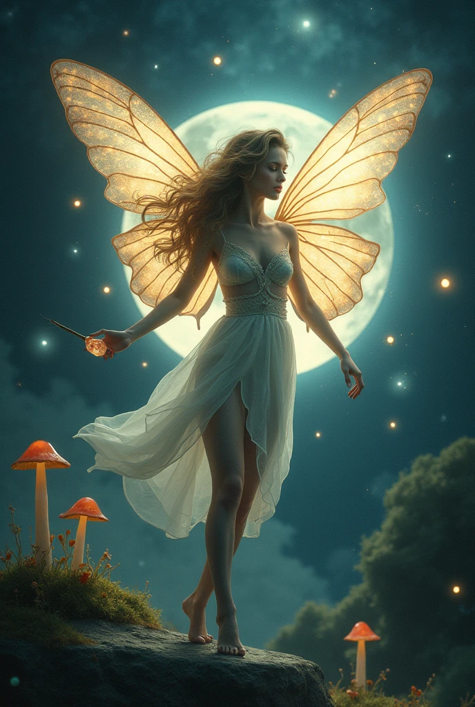 a picture of an exquisite beautiful female fairy standing under the starry night sky at the forest, dynamic angle (ultra detailed, Masterpiece, best quality), ultra detailed face (ultra detailed, Masterpiece, best quality), ultra feminine, fare skin, azure hair, wavy hair, dynamic eyes color, glowing eyes, intense eyes, red lips, wearing white dress, elegant silk dress (ultra detailed, Masterpiece, best quality), butterfly wings (ultra detailed, Masterpiece, best quality), wearing high heeled boots, sky full of stars background, moon, beat details, best quality, 8k, [ultra detailed], masterpiece, best quality, (ultra detailed), full body, ultra wide shot, photorealism, fantasy art,  Larry Elmore style,