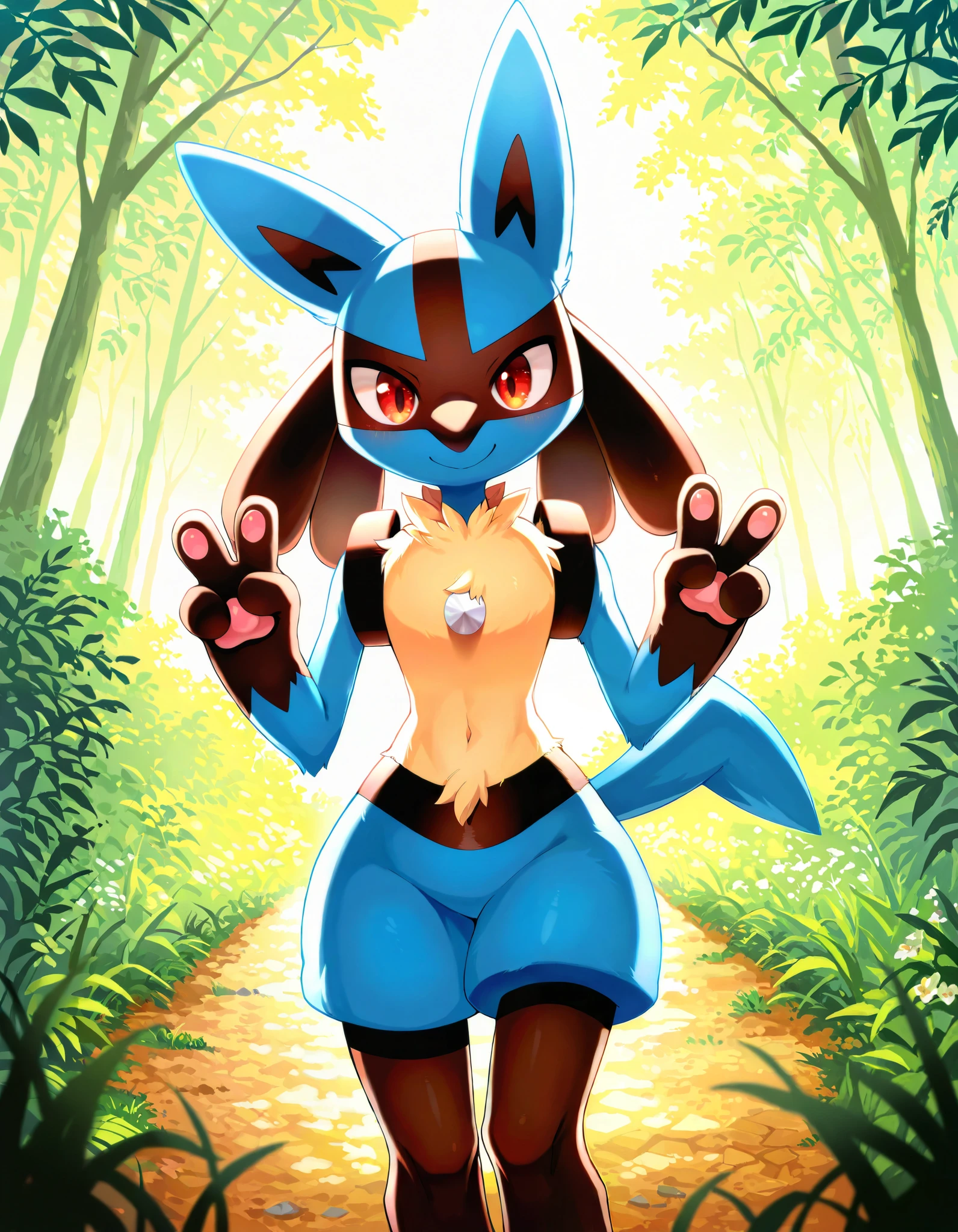 masterpiece, best quality, amazing quality, very aesthetic, high resolution, ultra-detailed, absurdres, newest, scenery, female Lucario supports morally, happy, smile, holds a placardin front of her chest, v sign , solo, looking at viewer, cute, BREAK, depth of field, ambient silhouette, backlighting, detailed background, detailed foreground,