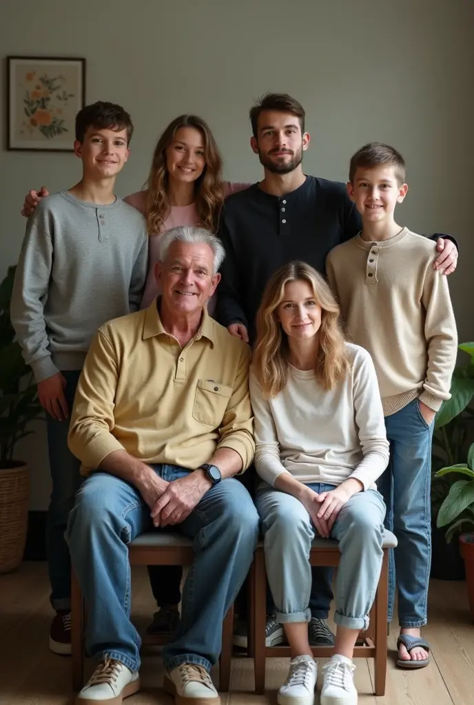 Grandfather with 3 boys and 1 girl sitting on a garden bench