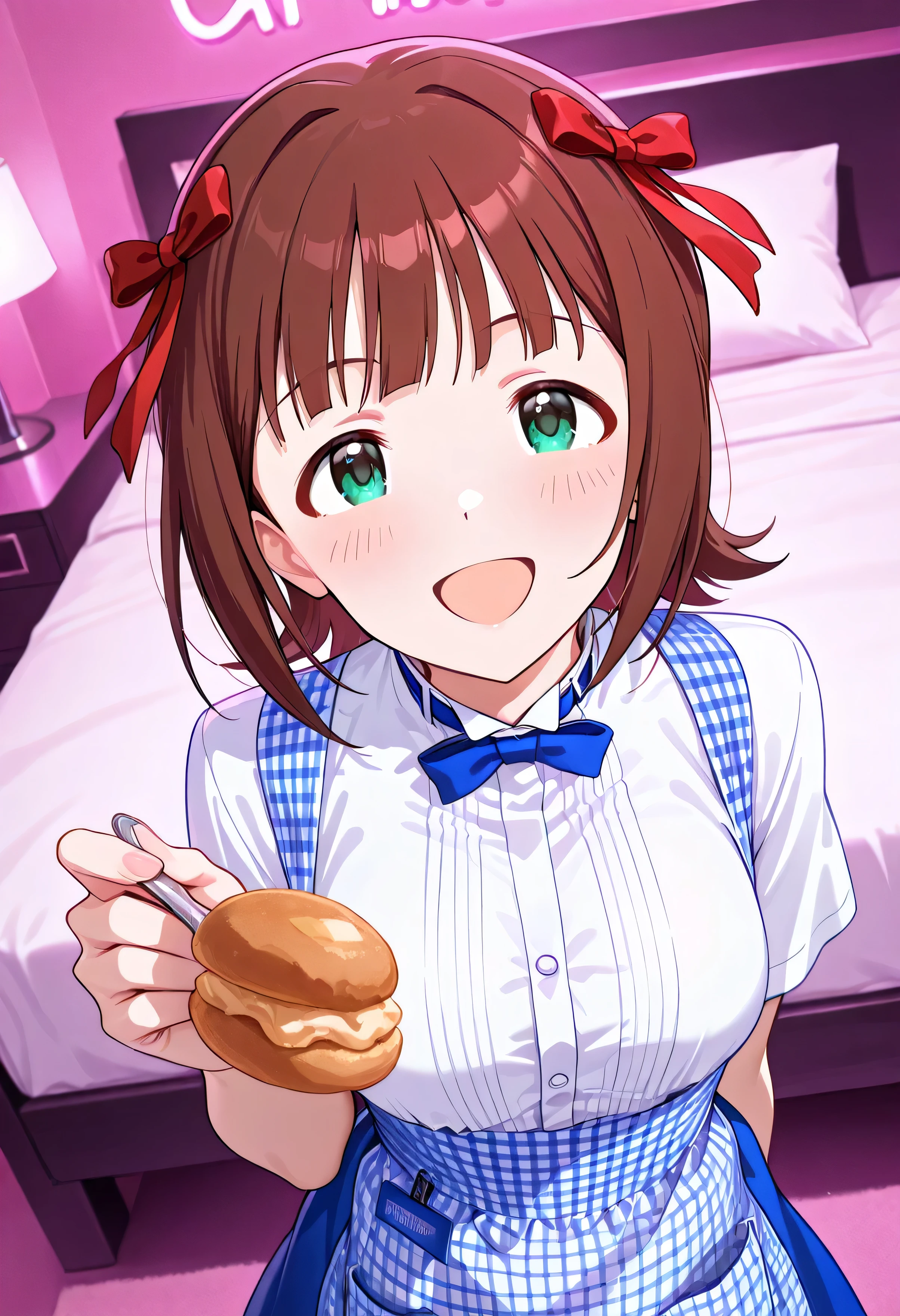 The Idolmaster, 1girl , Amami Haruka,hotel bed,kobeya uniform,blue bow, blue bowtie, white shirt, short sleeves, blue skirt, Blue apron, gingham apron, employee uniform, high-waist skirt, red ribbon,Feeding,I'm going to eat cookies,smile,(beautiful girl:1.3),masterpiece,Please redeem,Ultra-high resolution,rich contrast,Very high quality,8k,Highly detailed CG unit wallpaper,Texture,So ridiculous,RAW Photos,Highest quality anime,anime-style illustration,studio anime style,professional photograph,an extremely delicate and beautiful,Depth of written boundary 1.2,Glowing Skin,Beautiful glossy lips,(pink lighted room),(she holds cookies in her hand and makes me eat them), open your mouth wide