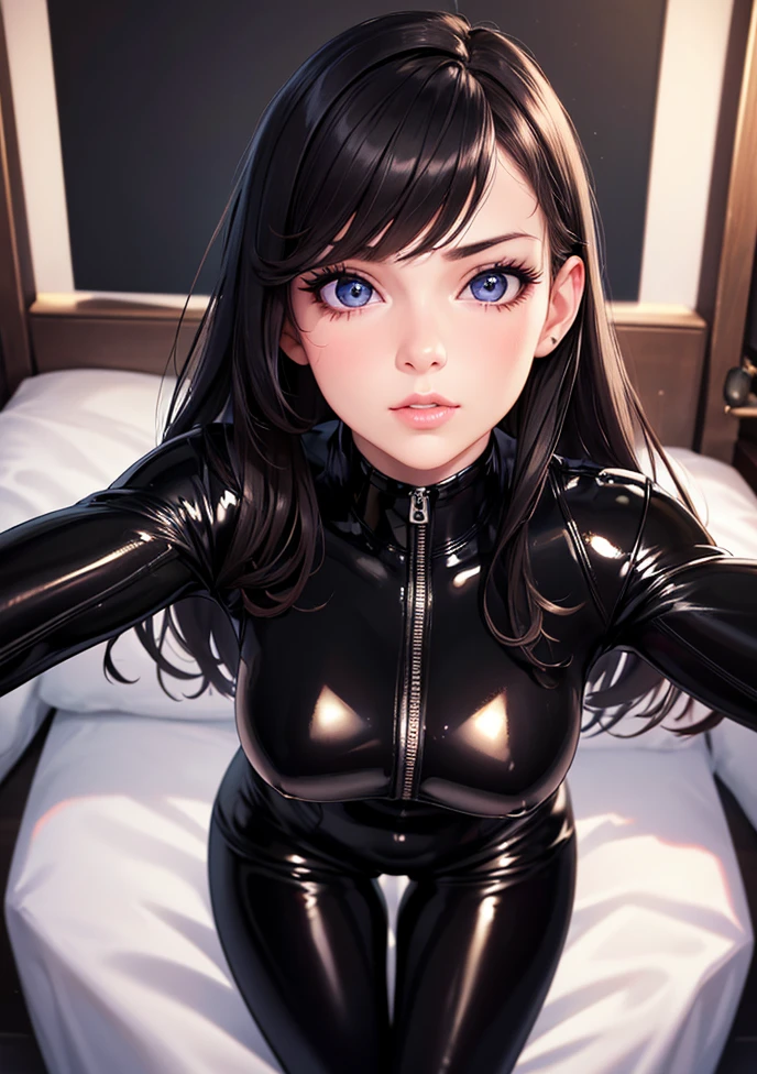Ultra Macro Photography, fantasy girl, ((cute girl)), huge breasts, latex outfit, shiny/glossy latex, bodysuit outfit, hyper holographic black latex, long hair, long bangs, defined thick thighs, NSFW, hentai, perfect makeup, realistic face, (detailed eyes), light blue eyes, black hair, ponytail hairstyle, eyelashes, :D :o, bedroom, sitting on bed, leaning forward, (eyes looking at viewer), breasts shot,